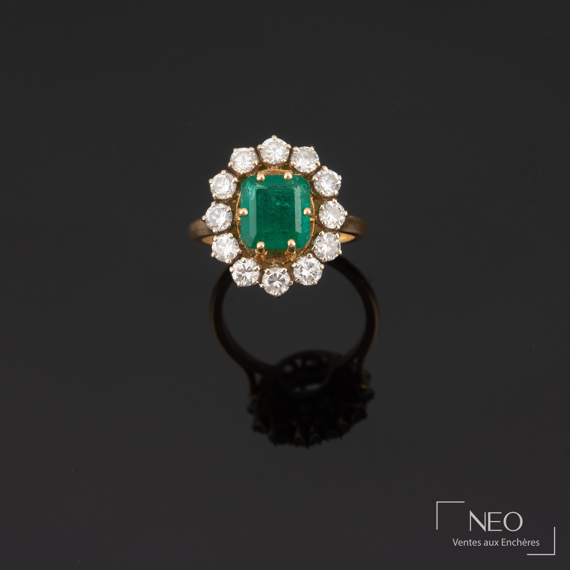 Bague émeraude et diamants, monture en or jaune 18K