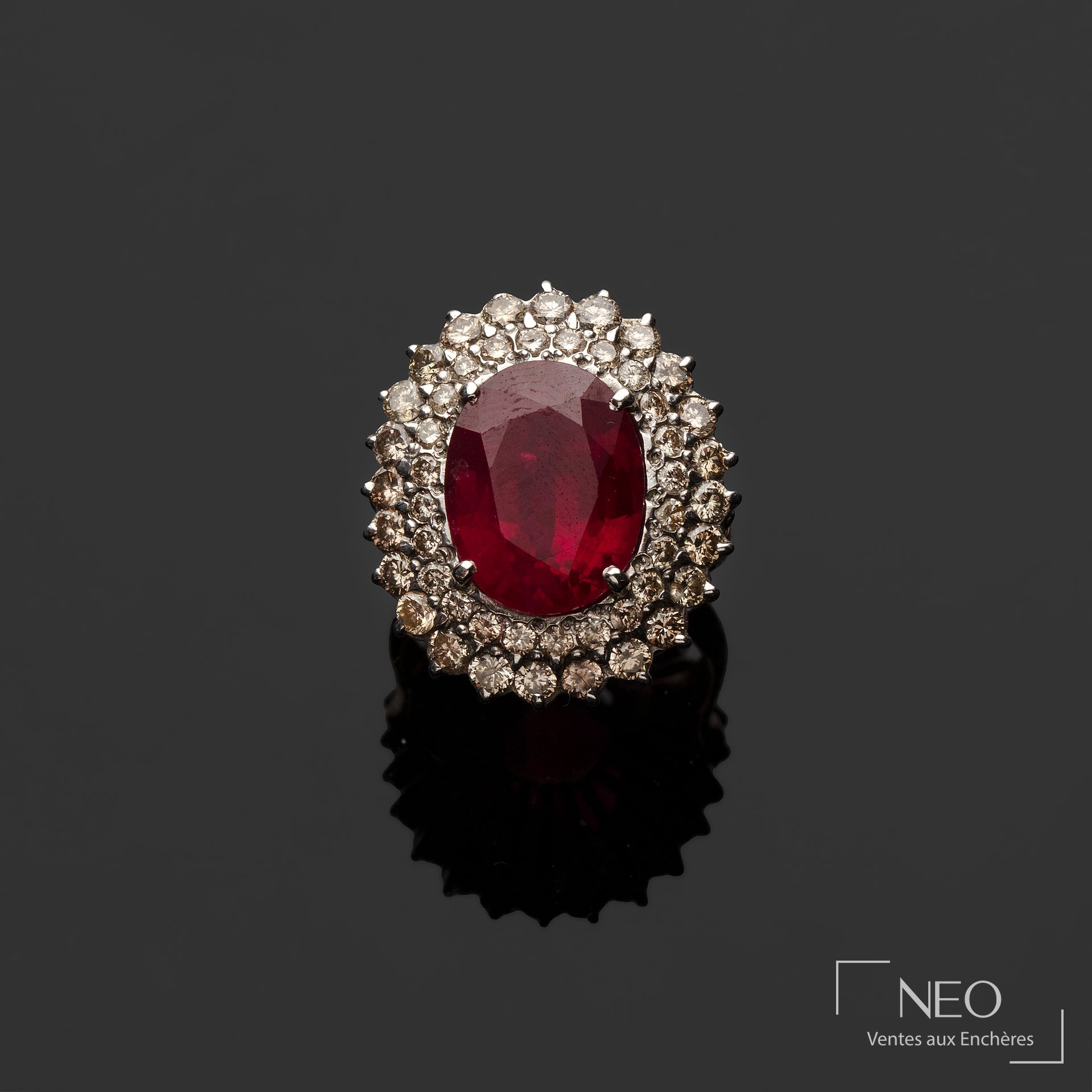 Bague Pompadour en or jaune et gris 14 carats, rubis et diamants