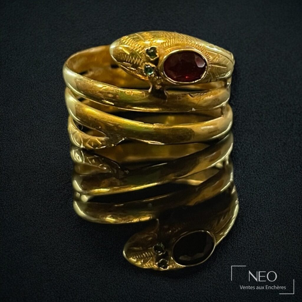 Bague serpent en or jaune avec tête ornée d'un cabochon rouge et yeux verts