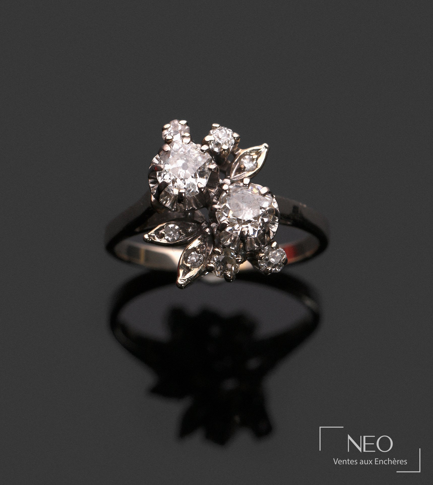 Bague toi et moi en or gris 18 carats, diamants anciens