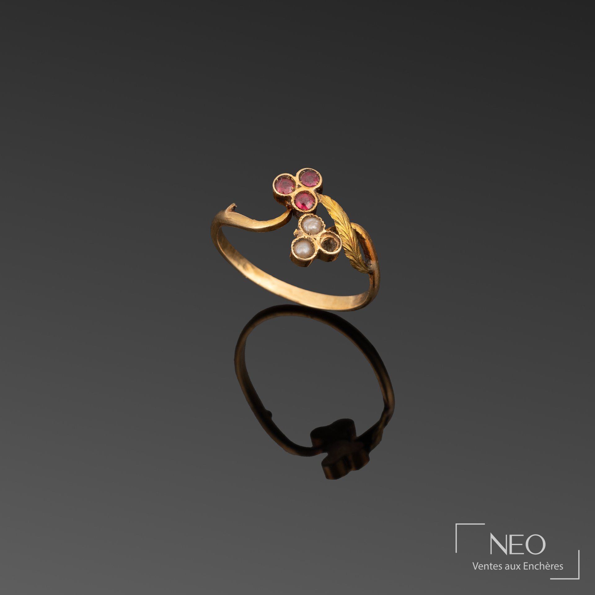 Bague toi et moi en or jaune 18K, motifs de trèfles et perles de culture