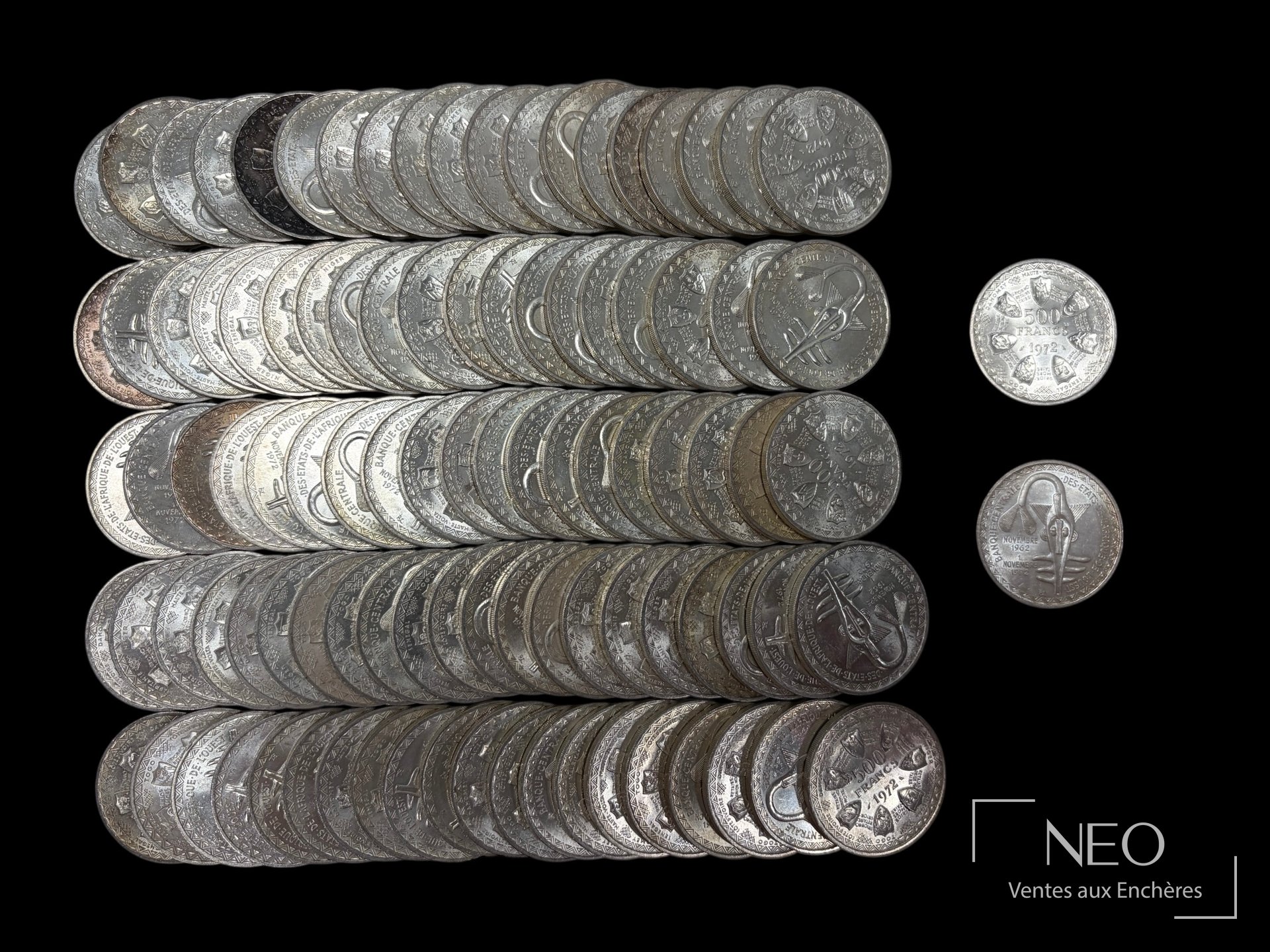 Banque Centrale des États de l’Afrique de l’Ouest, lot de 100 pièces d’essai en argent, 1972