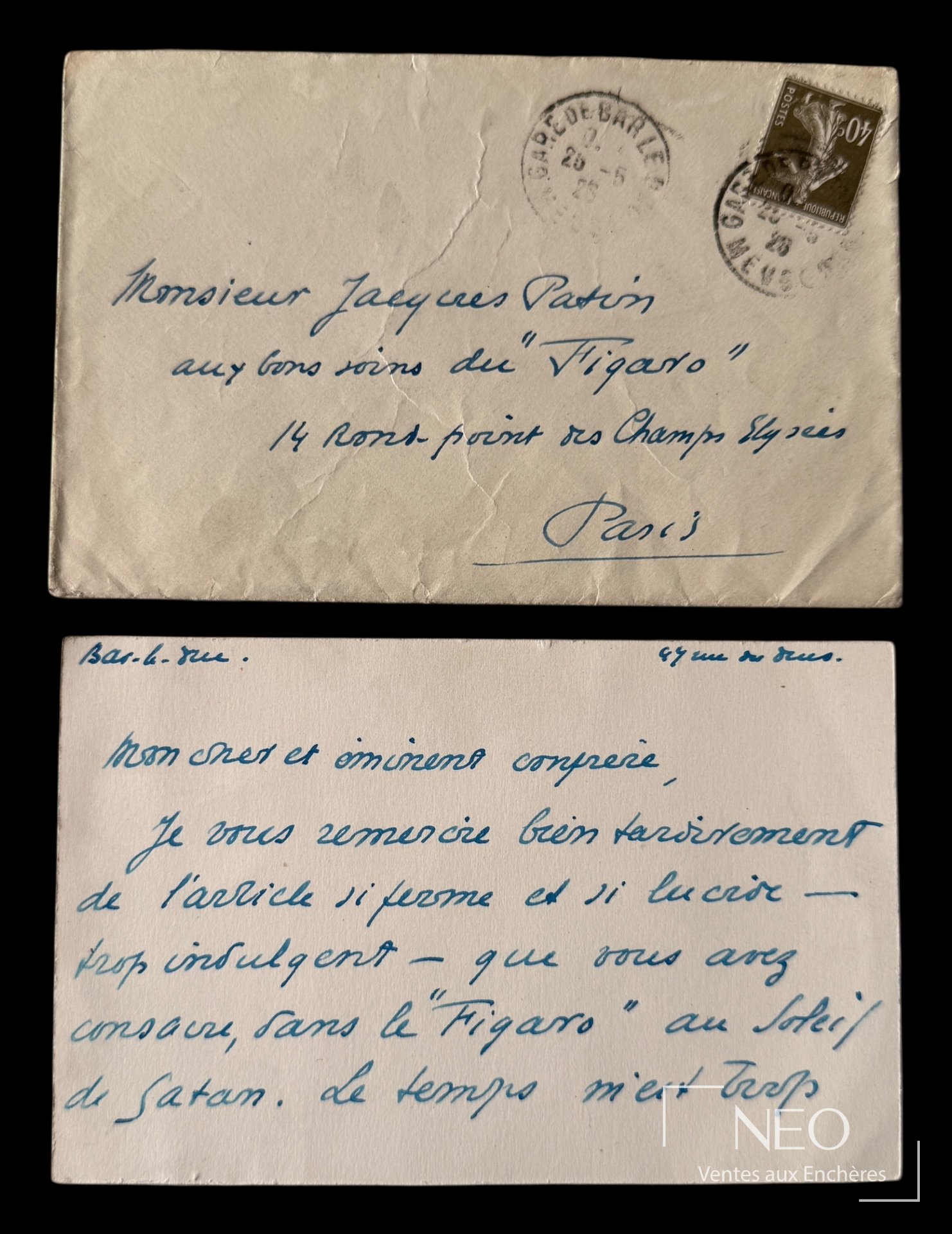 Bernanos billet autographe signé adressé à Jacques Patin depuis Bar-le-Duc