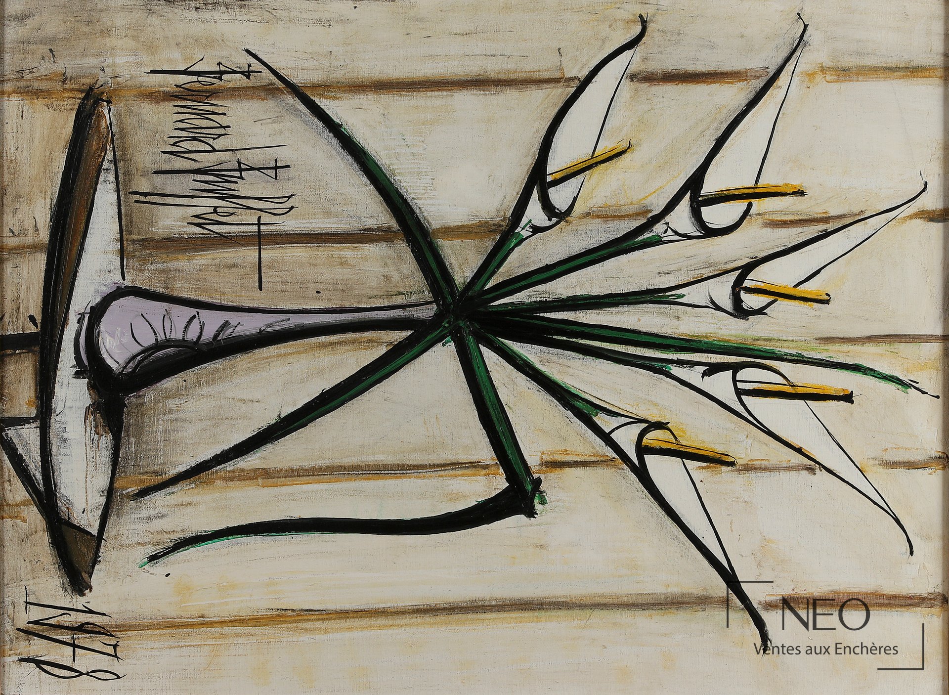 Composition d'arums de Bernard Buffet aux contours noirs et touches de vert et de jaune