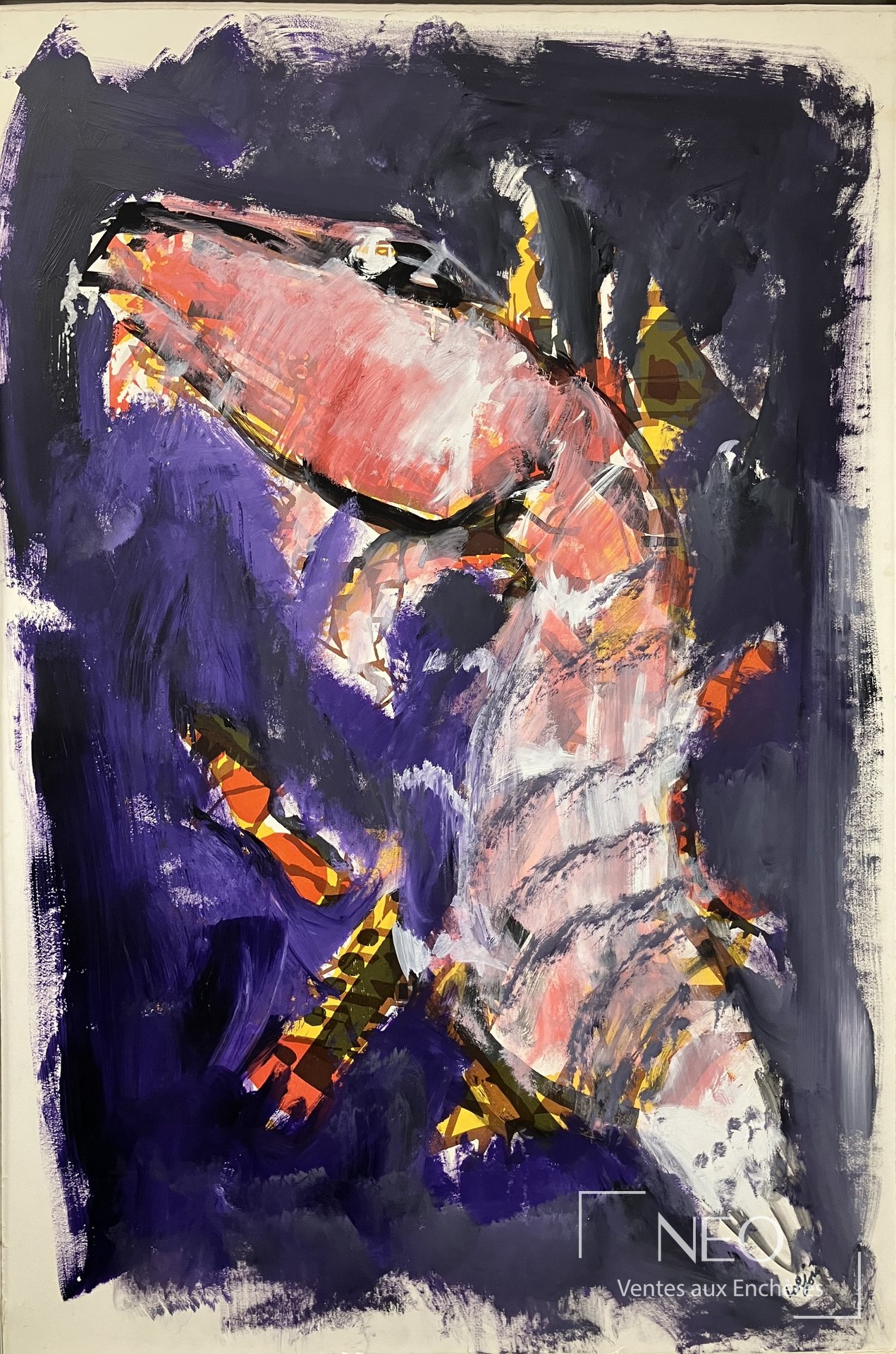 Acrylique de Bernard Lorjou représentant une écrevisse dans des tons violets