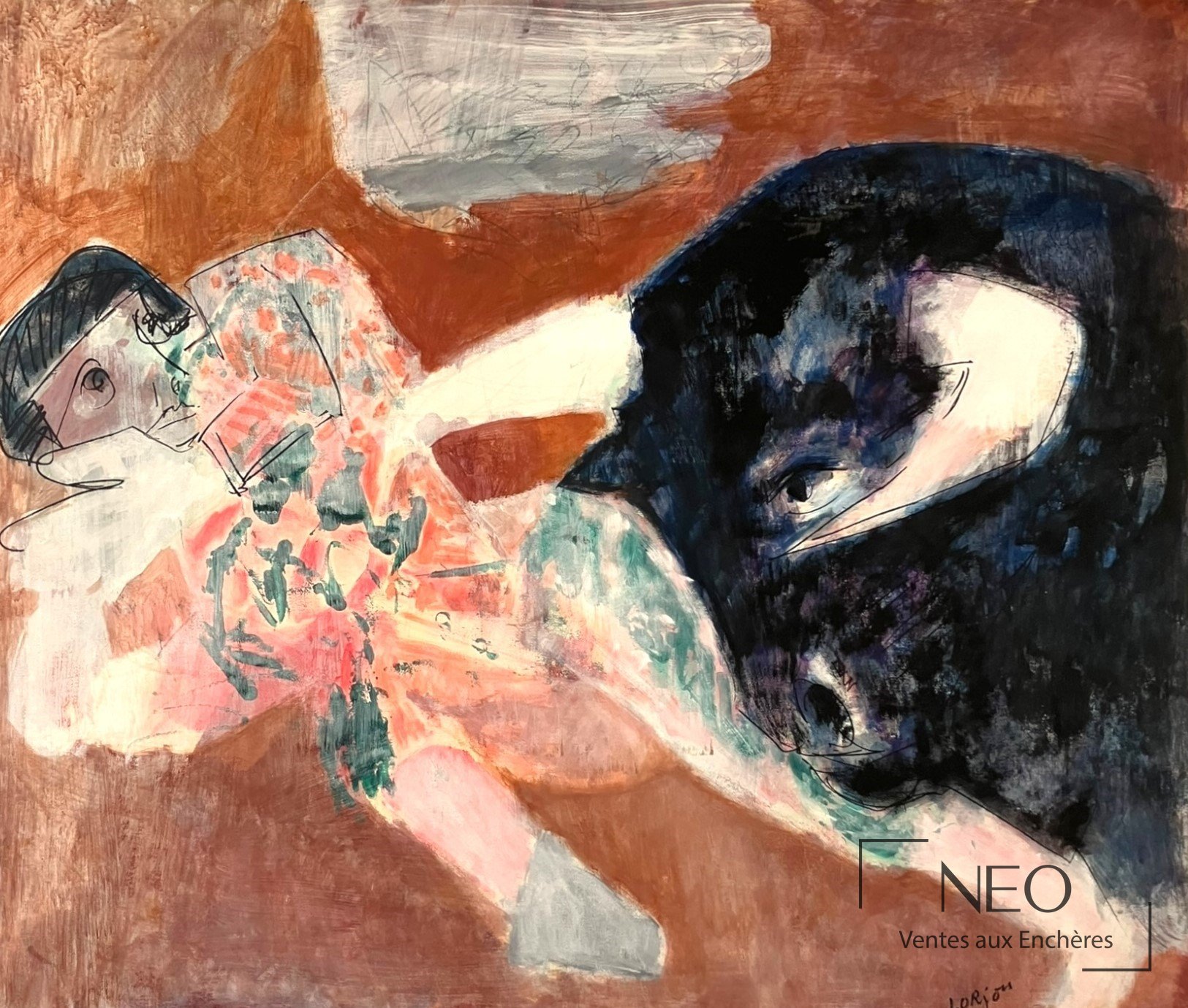 Composition de Bernard Lorjou aux tons bruns et noirs avec figure de torero renversé