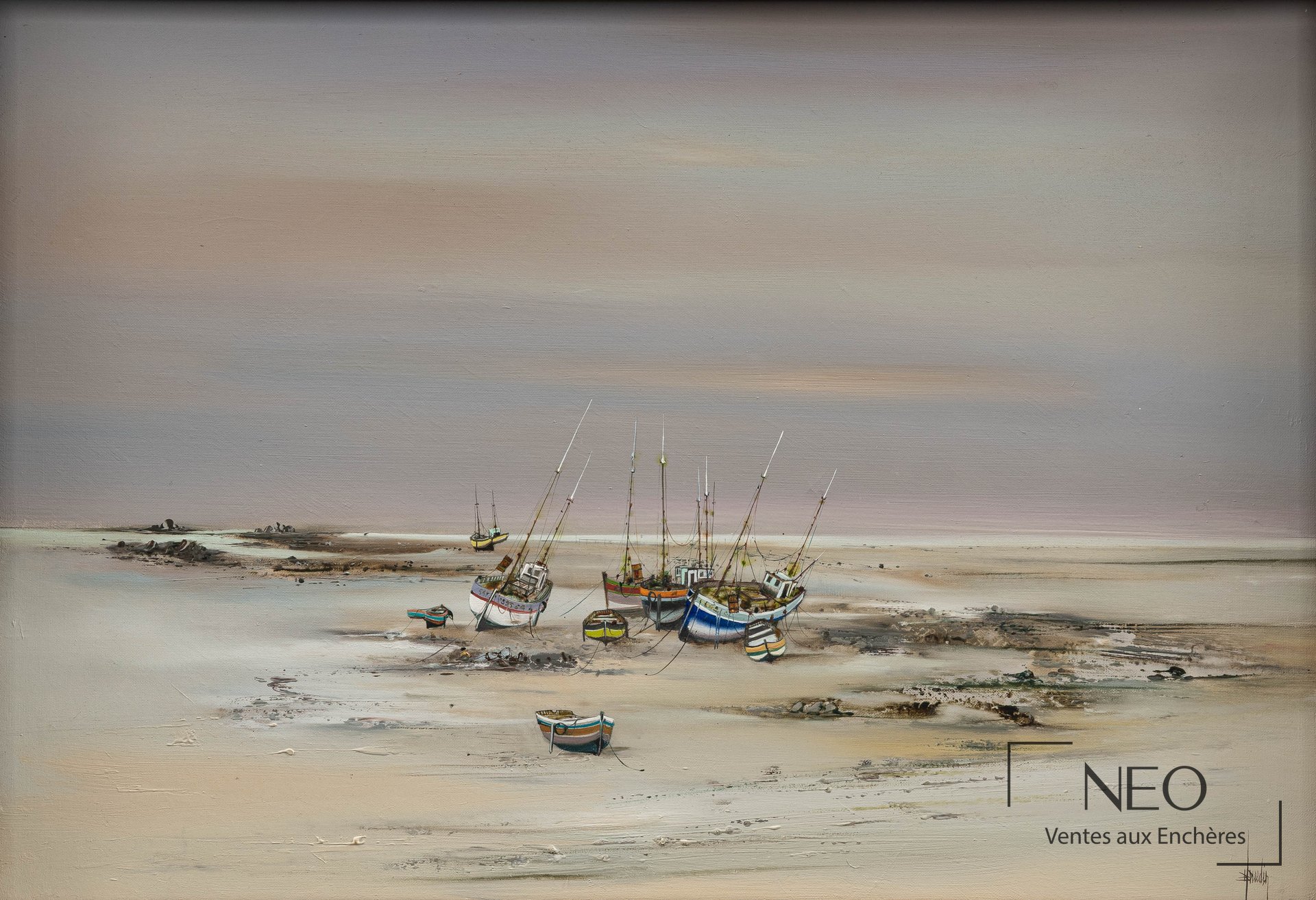 Huile sur toile de Bernard Louedin représentant des bateaux à marée basse