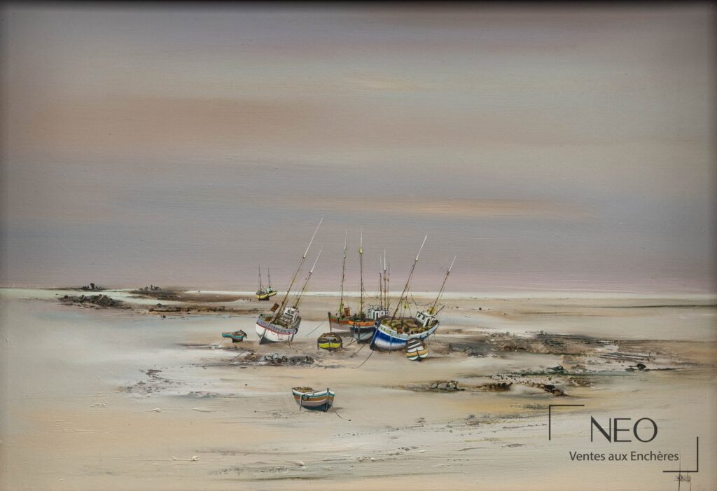 Huile sur toile de Bernard Louedin représentant des bateaux échoués à marée basse