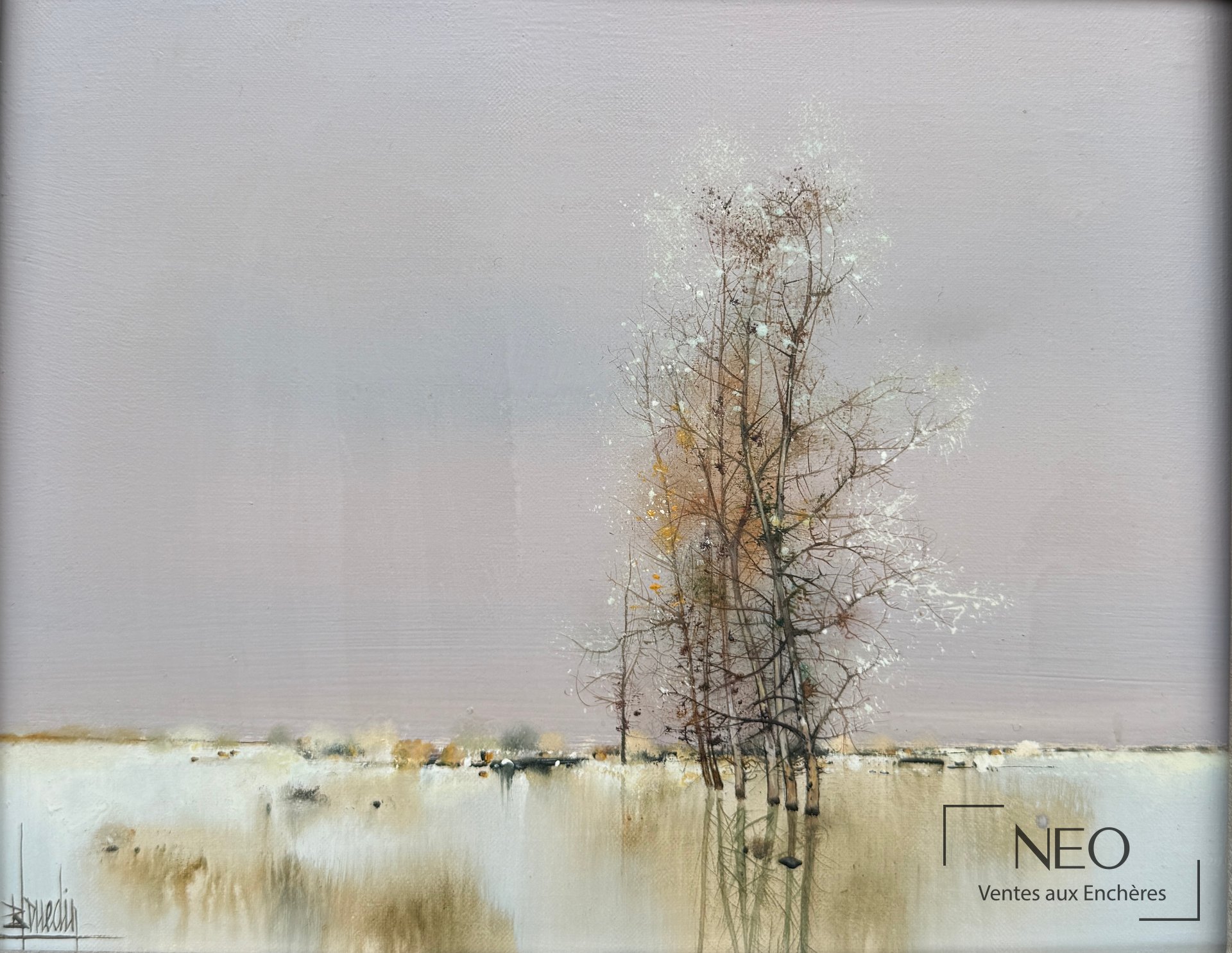 Huile sur toile représentant des peupliers dans un paysage brumeux