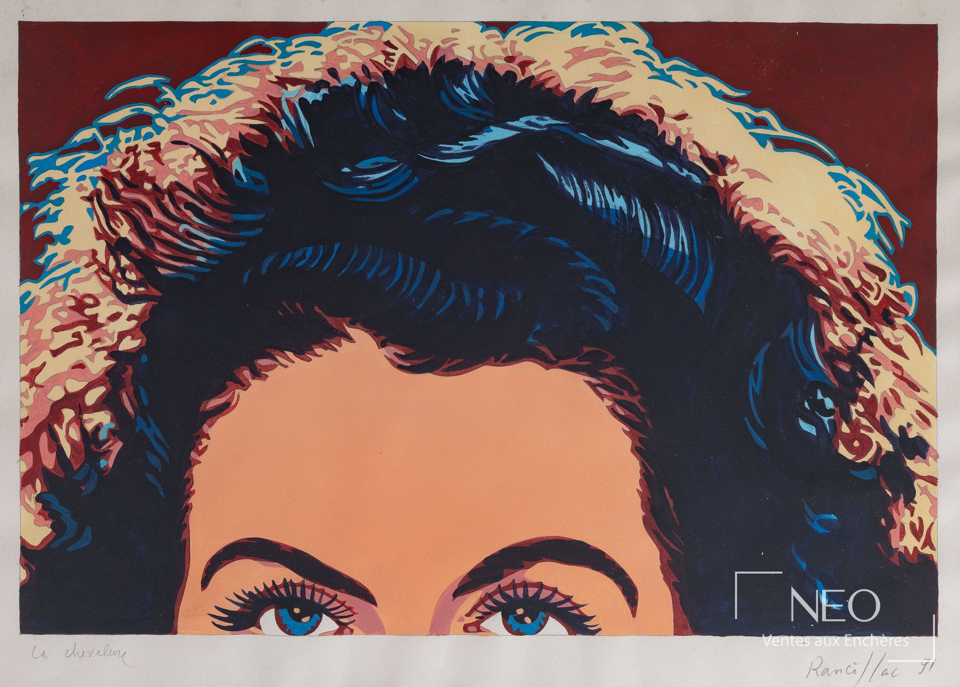 Composition colorée représentant une chevelure et un visage partiel de femme