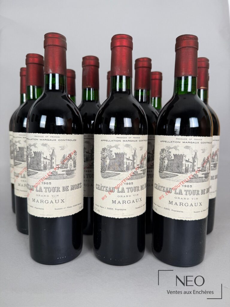 Douze bouteilles de Margaux Château La Tour de Mons 1985 présentées de face