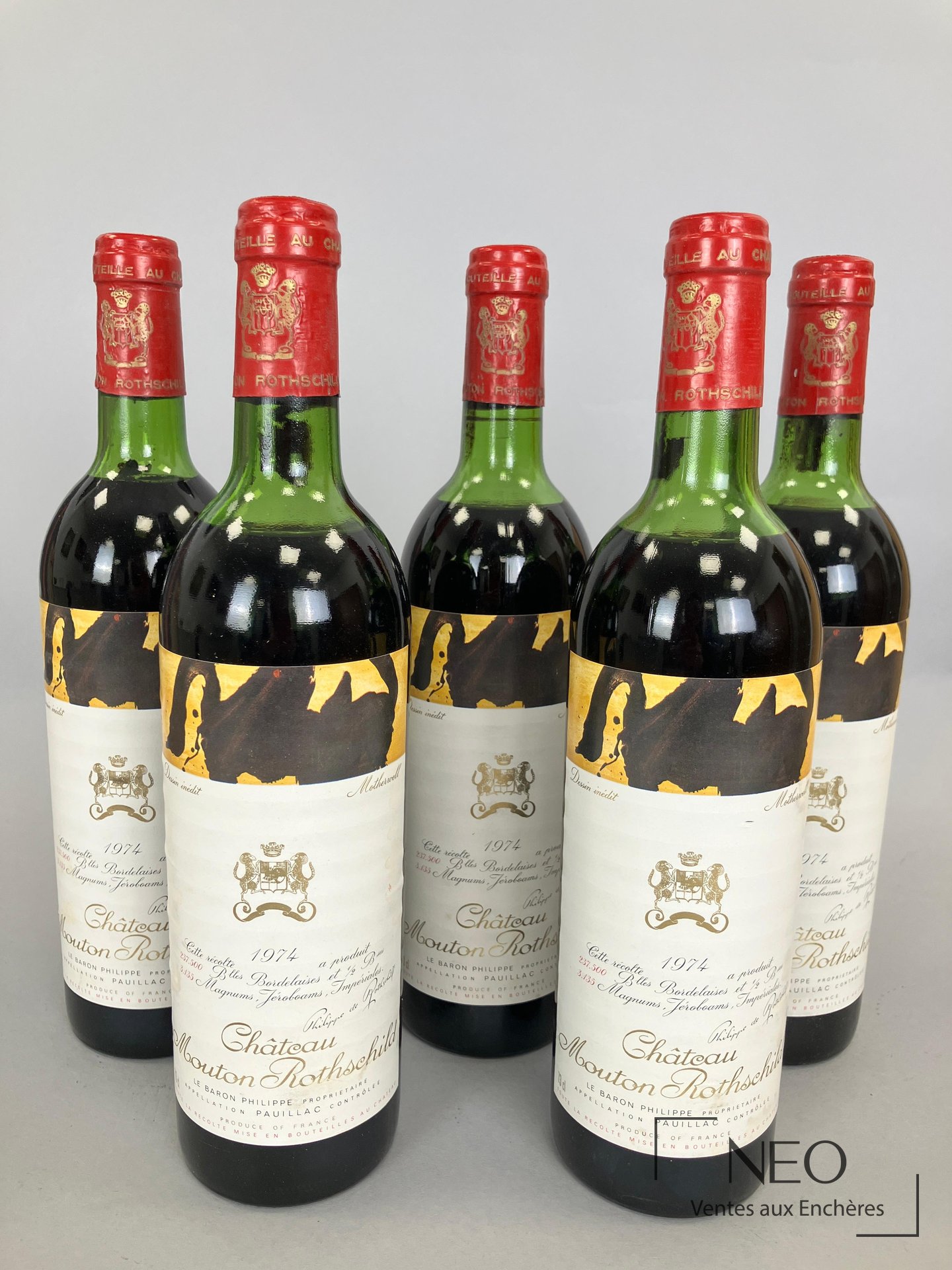 Bordeaux Château Mouton Rothschild 1974, 5 bouteilles, étiquette Robert Motherwell
