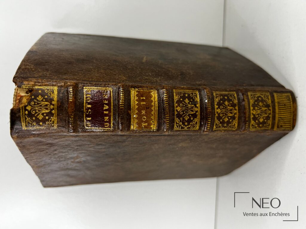 Dos d'un livre ancien en veau brun avec caissons ornés et pièces de titre dorées.