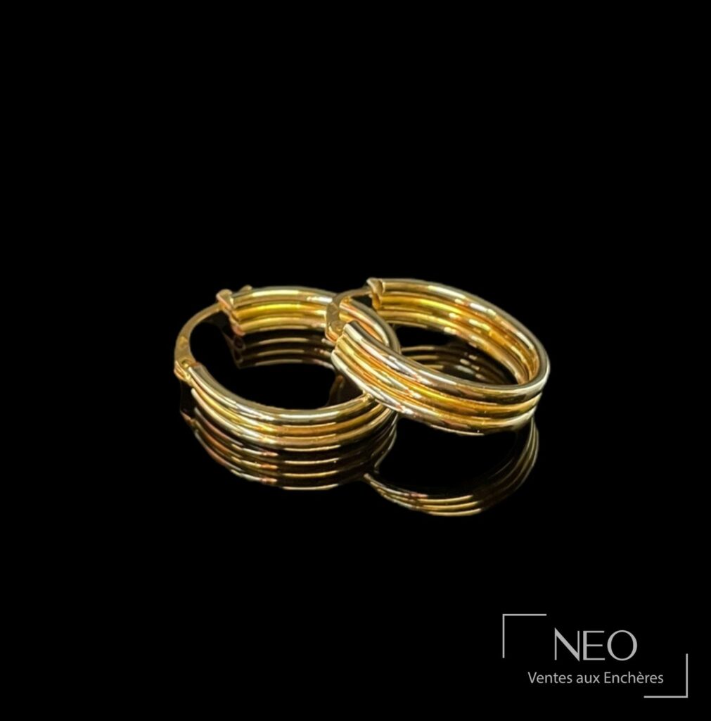 Paire de boucles d'oreilles torsion en or gris et jaune sur fond noir