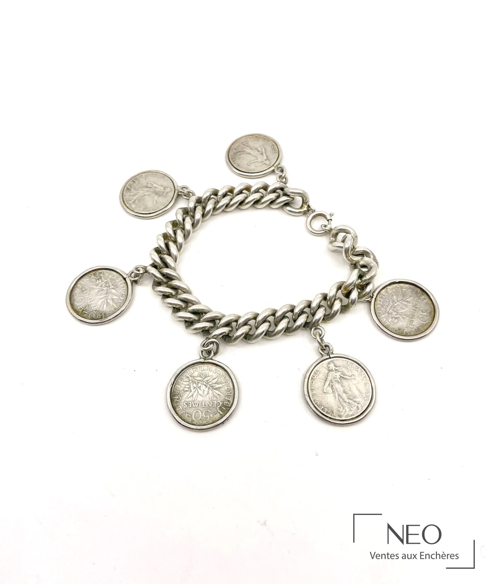 Bracelet maille souple en argent et pièces de 50 centimes semeuse