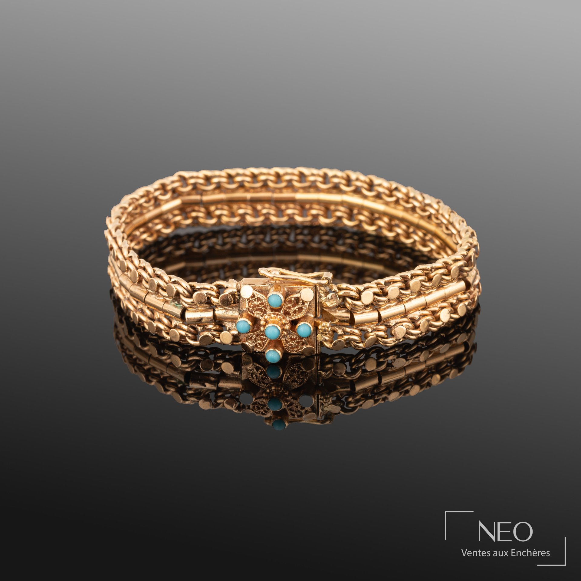 Bracelet en or 18K à maille souple fantaisie, motif carré turquoise