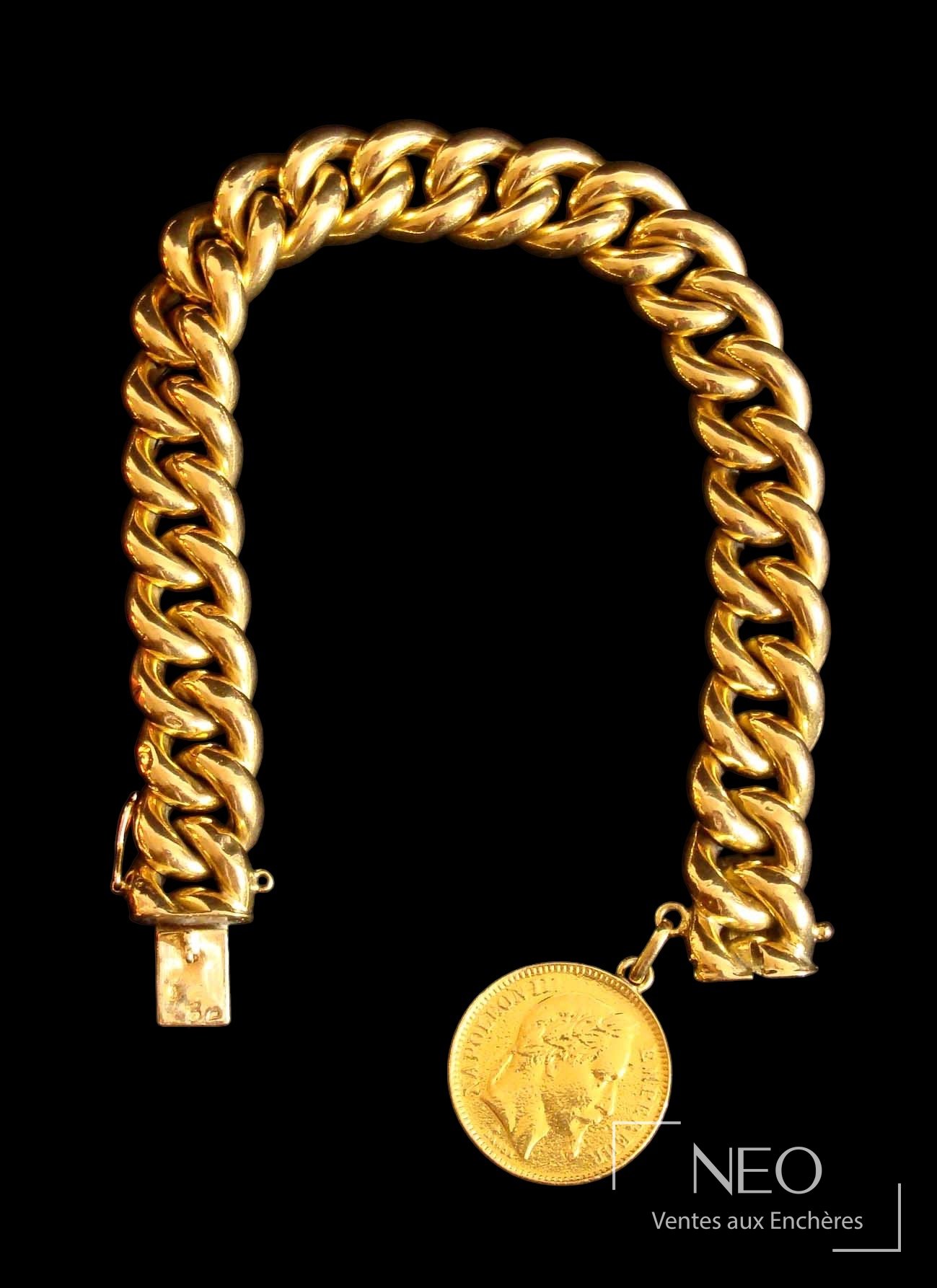 Bracelet en or jaune 18 carats à mailles forçat et pièce Napoléon III