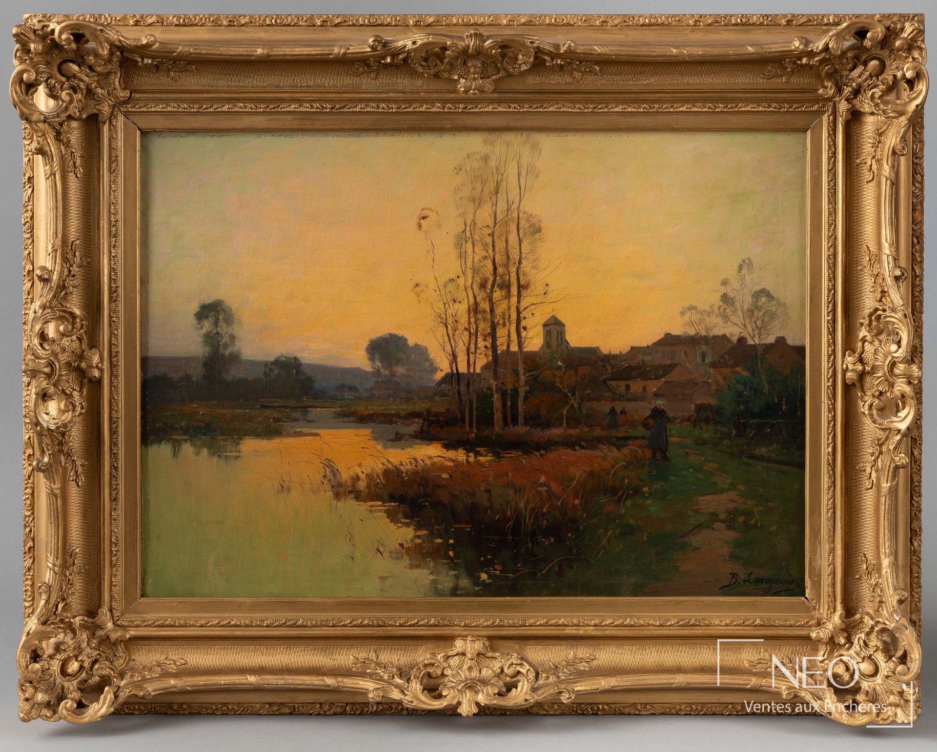 Deux huiles sur toile encadrées représentant un bords de rivière au coucher du soleil.