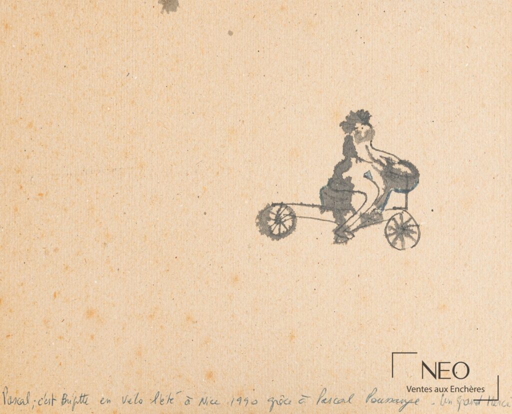 Dessin à l'encre noire représentant une femme à bicyclette sur papier.