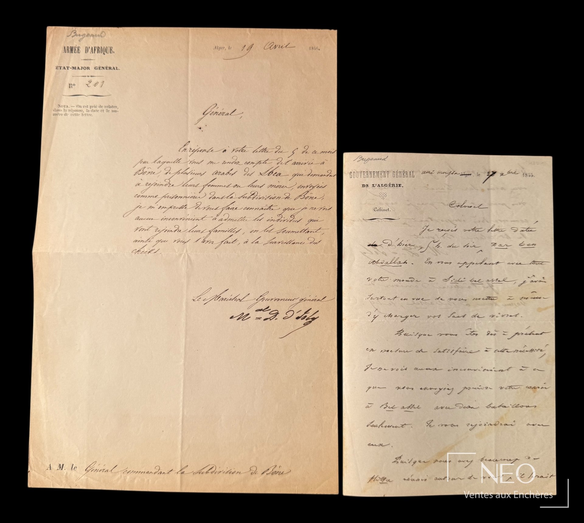Bugeaud, ensemble de deux lettres autographes signées, 1845-1846