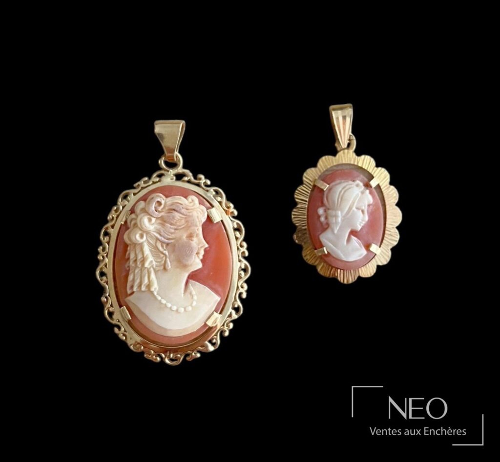 Deux pendentifs camées sur coquillage en or jaune