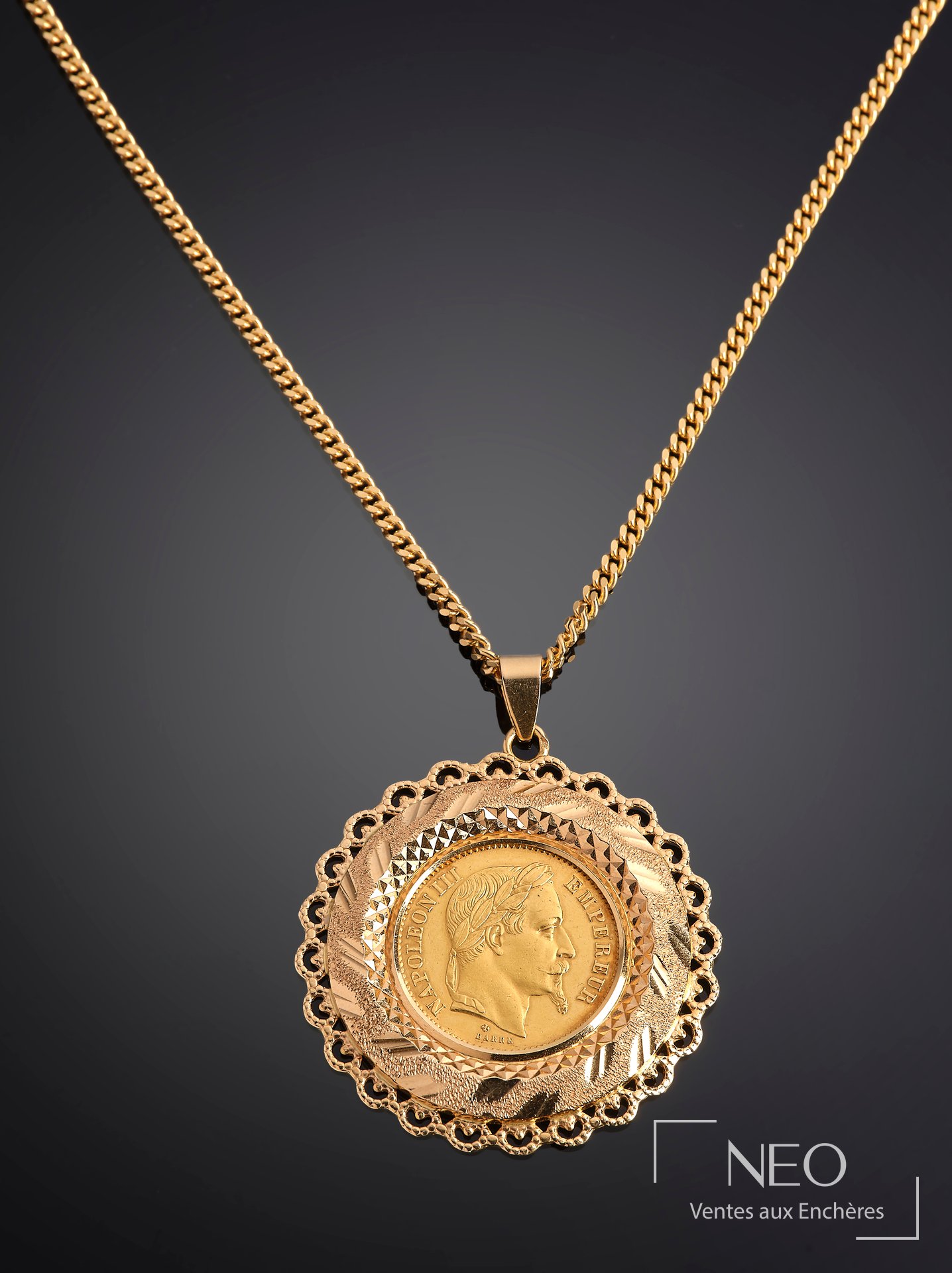 Chaîne de cou en or jaune 18 carats avec pièce de 20 francs Napoléon III