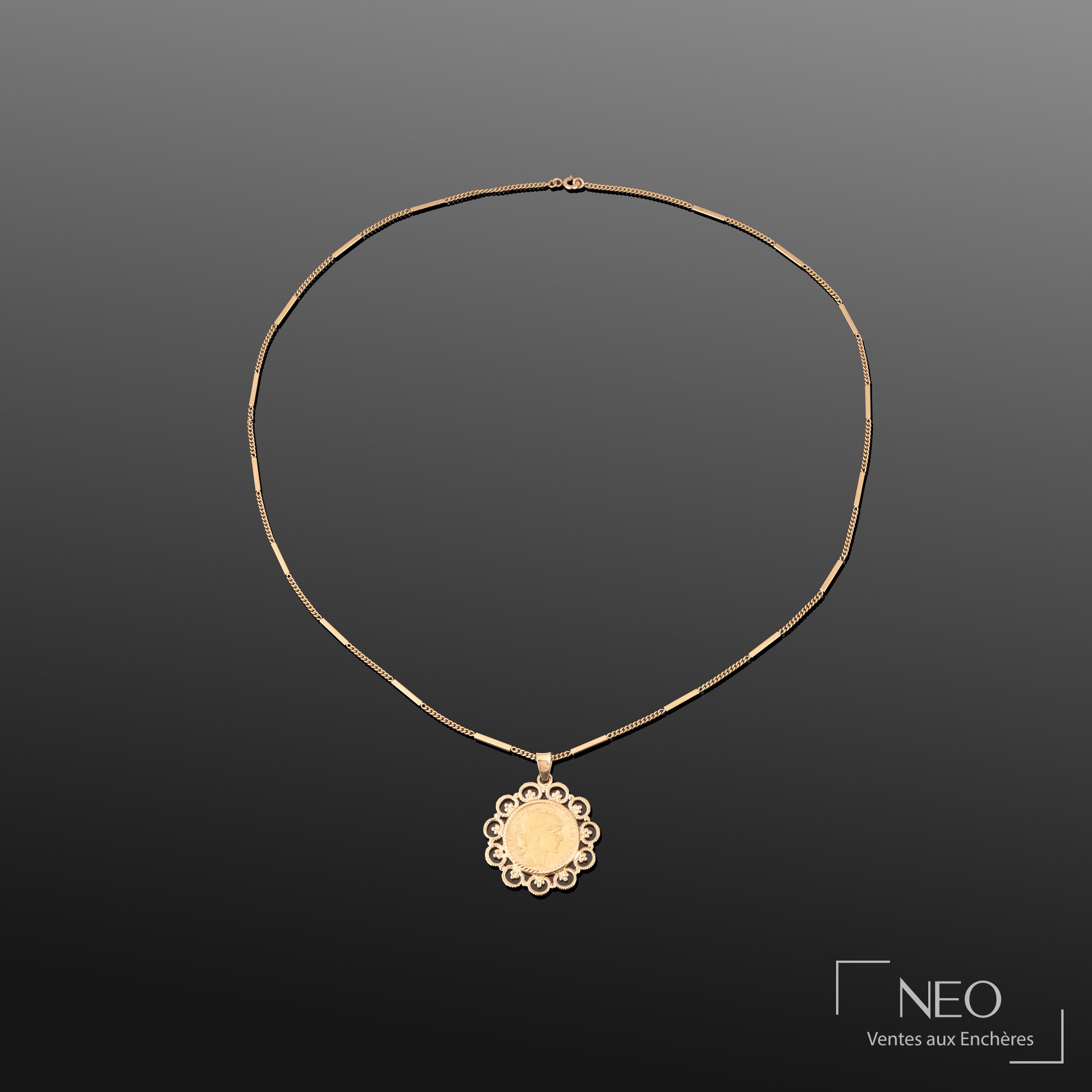 Chaîne de cou en or jaune 18K avec pendentif pièce de 20 francs Marianne au coq