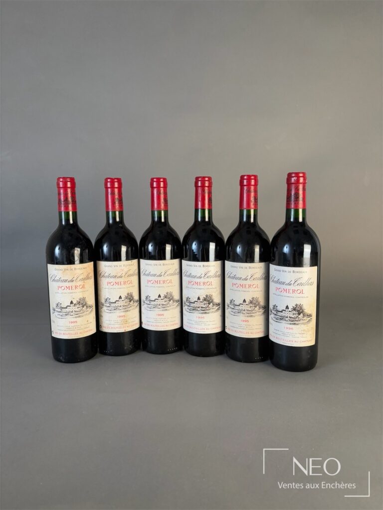 Six bouteilles de Pomerol Château du Tailhas alignées