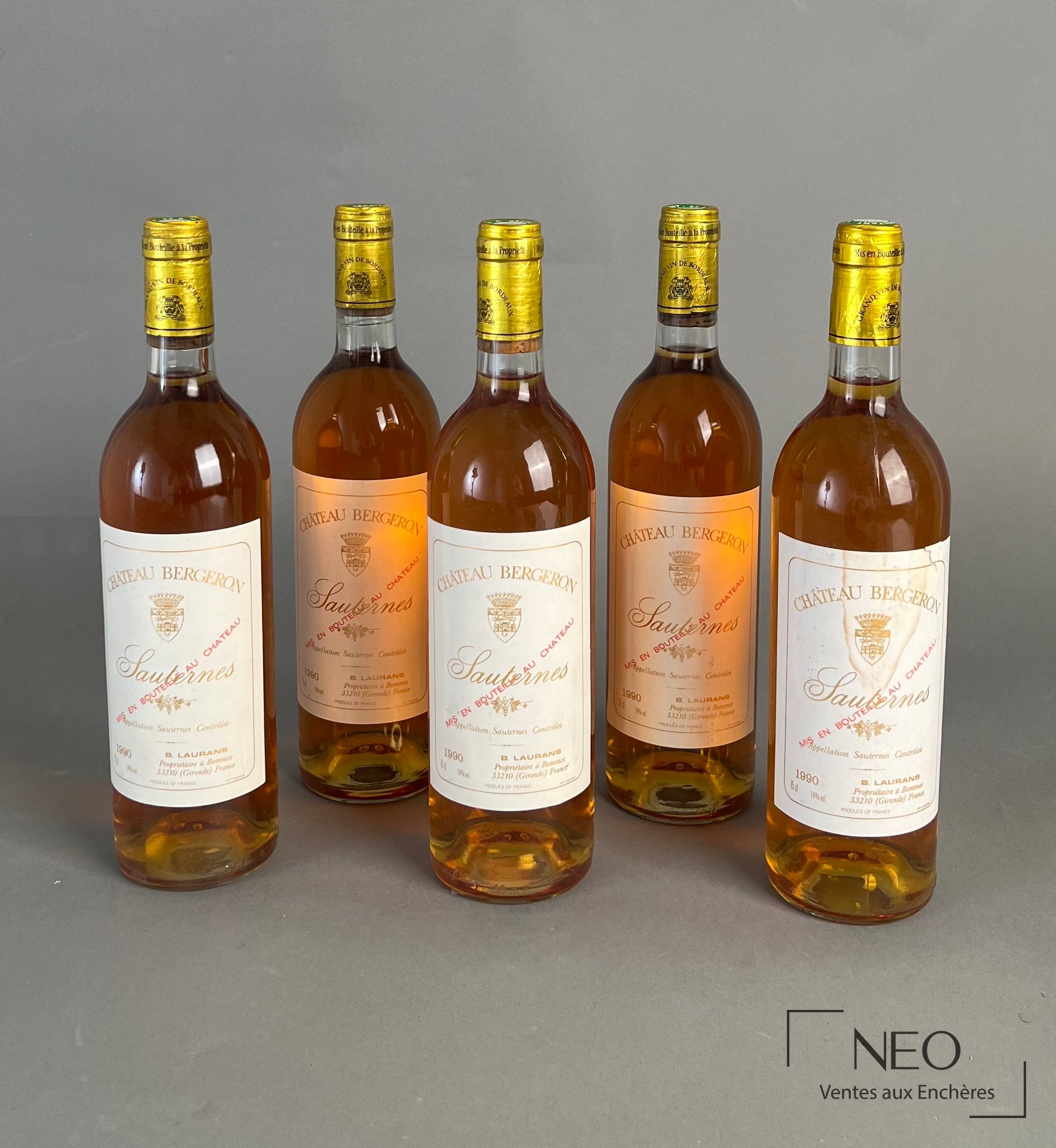 Château Haut-Bergeron Sauternes 1990, lot de 5 bouteilles