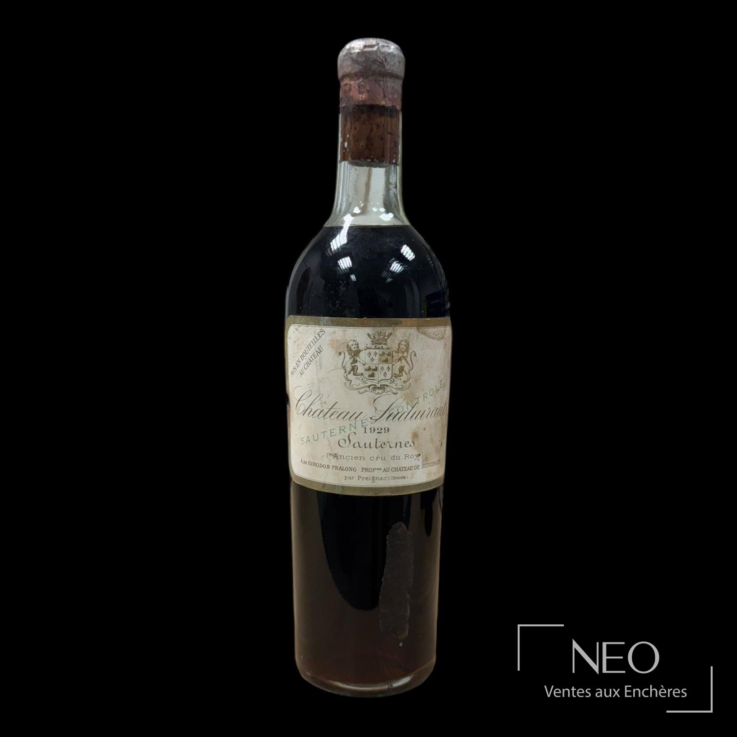 Bouteille de Sauternes Château Suduiraut 1er Grand Cru Classé 1929
