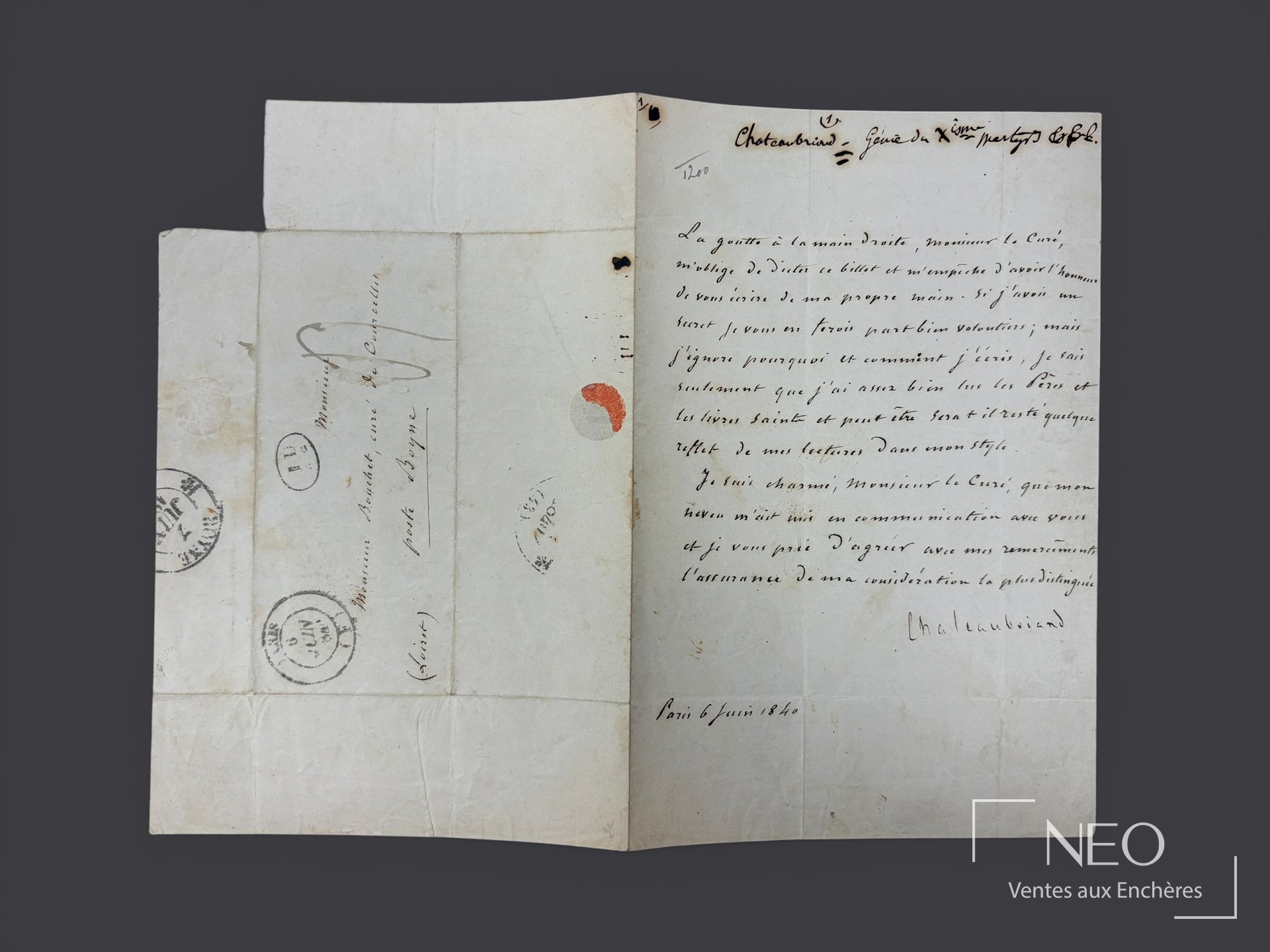 Chateaubriand – lettre dictée signée à Monsieur Bouchet, curé de Courcelles