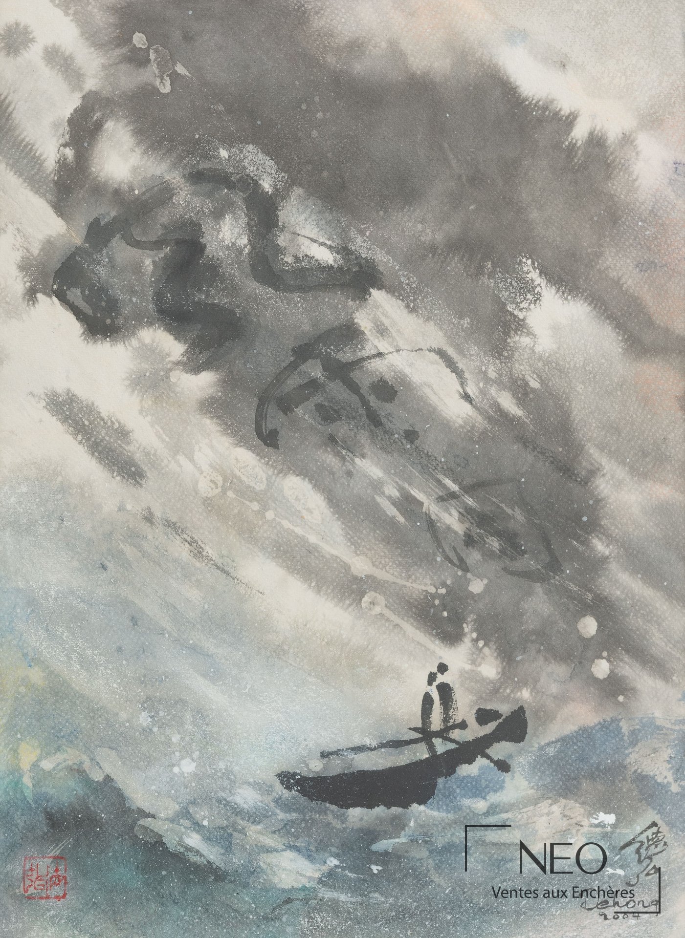 Composition abstraite en gris et bleu avec une barque et une signature en bas à droite.