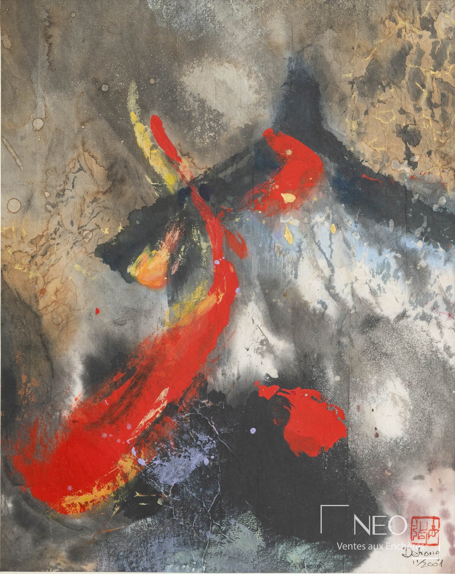 Composition abstraite de Chen Dehong en technique mixte sur papier