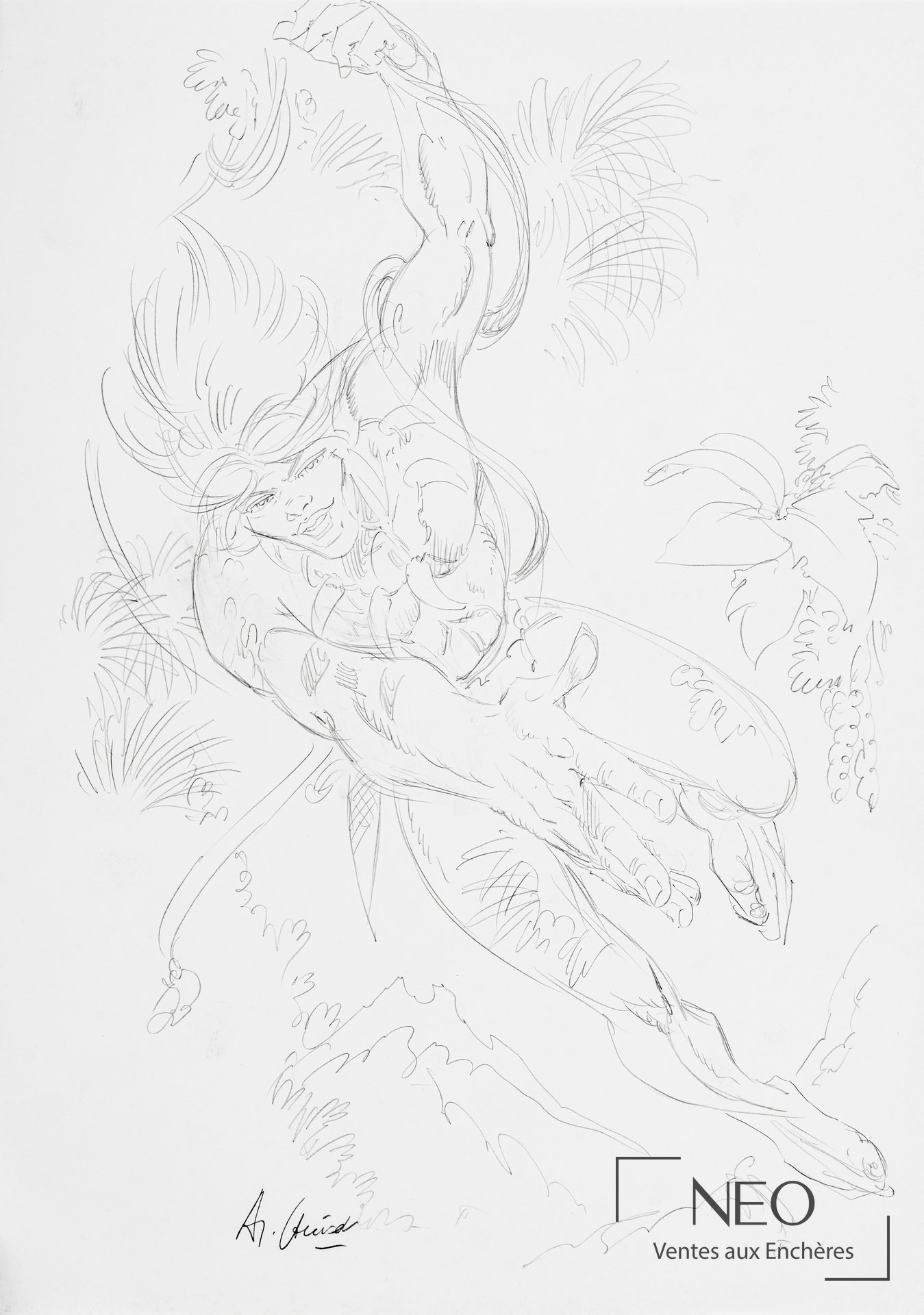 CHERET André, Rahan, illustration au mine de plomb