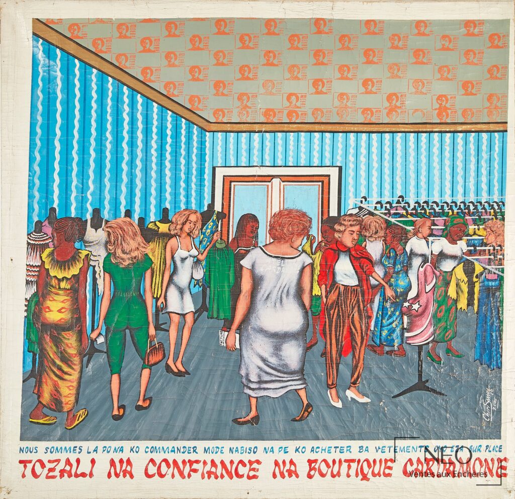 Huile sur toile de Chéri Samba représentant l'intérieur d'une boutique avec des clientes et des vêtements.