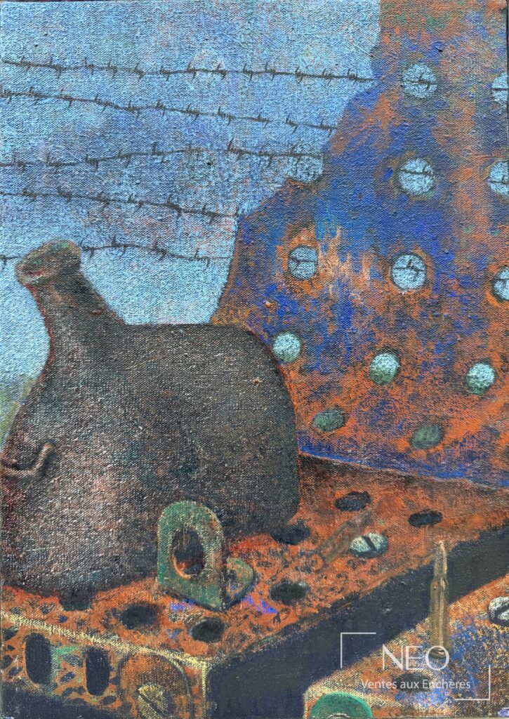 Huile sur toile de Christian Zeimert représentant une composition colorée avec barbelés et formes ponctuées