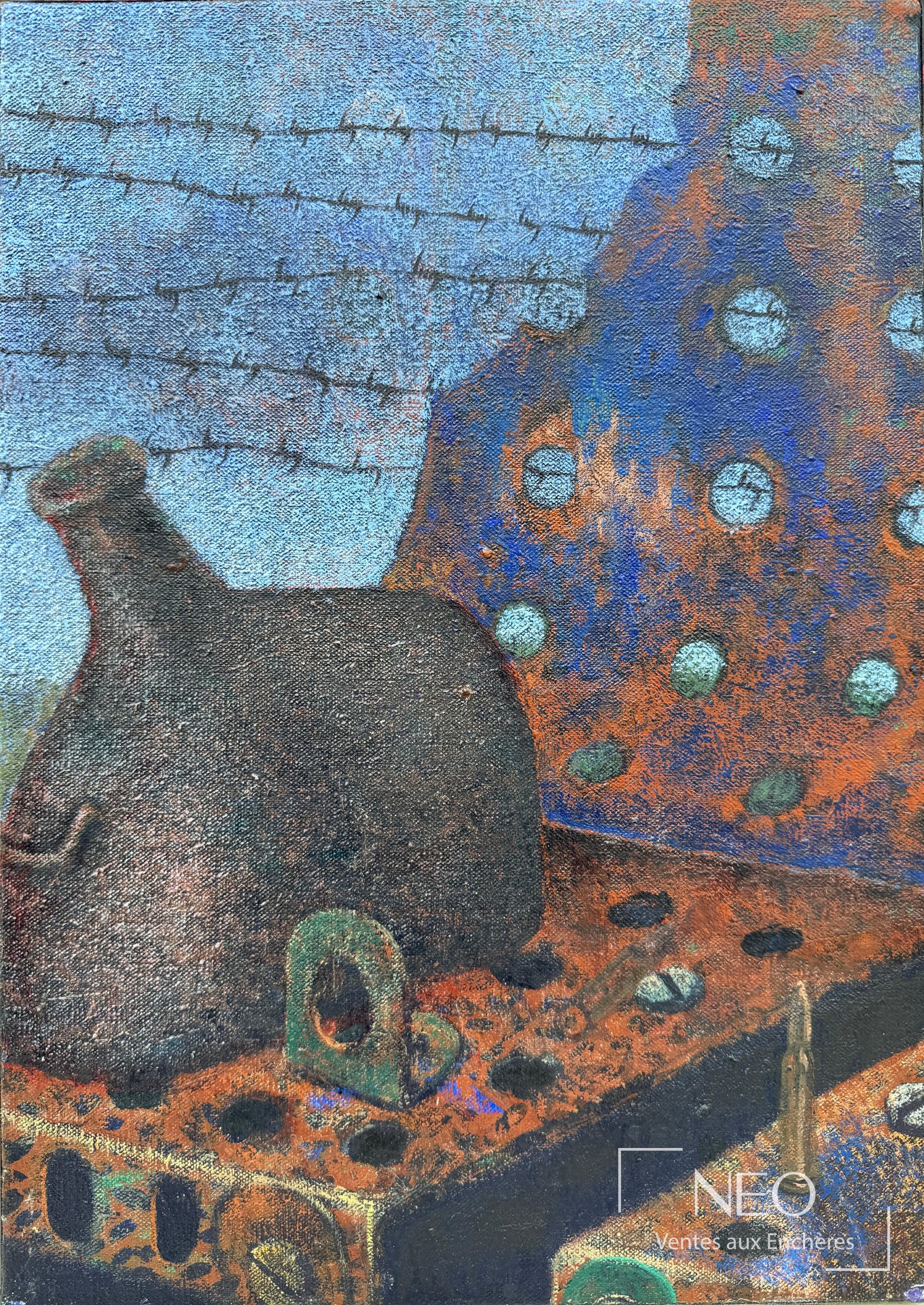 Huile sur toile de Christian Zeimert représentant une composition colorée avec barbelés et formes ponctuées