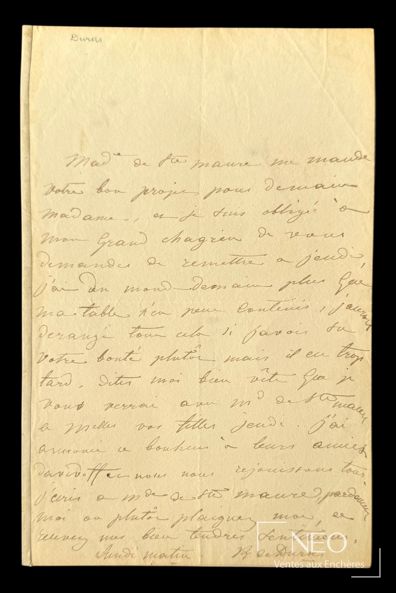 Page manuscrite d'une lettre autographe signée