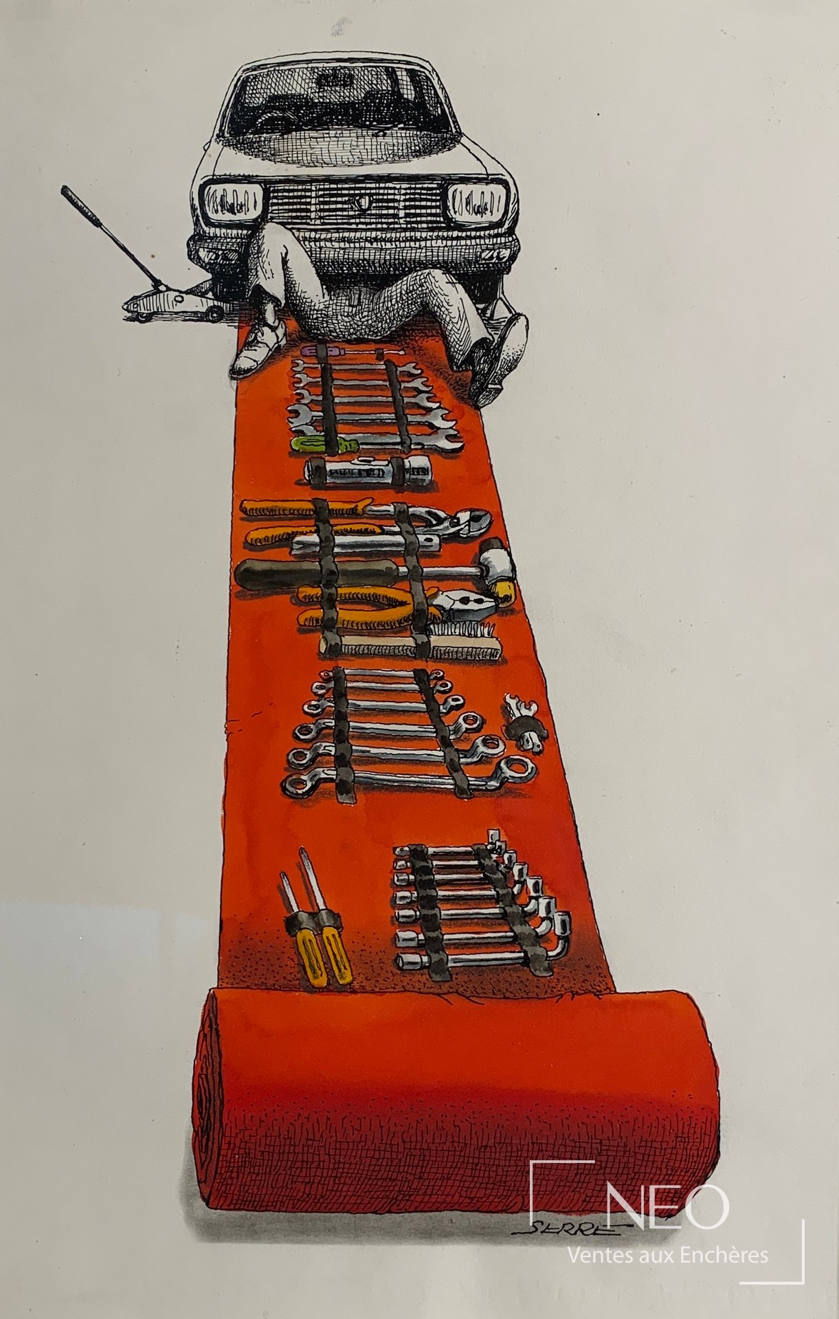 Claude Serre, dessin signé, encre de Chine et aquarelle, 2002