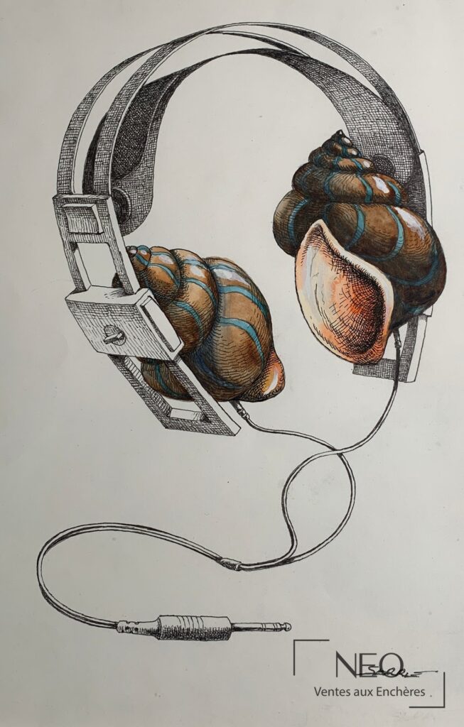 Dessin de Claude Serre représentant un casque audio avec cordon