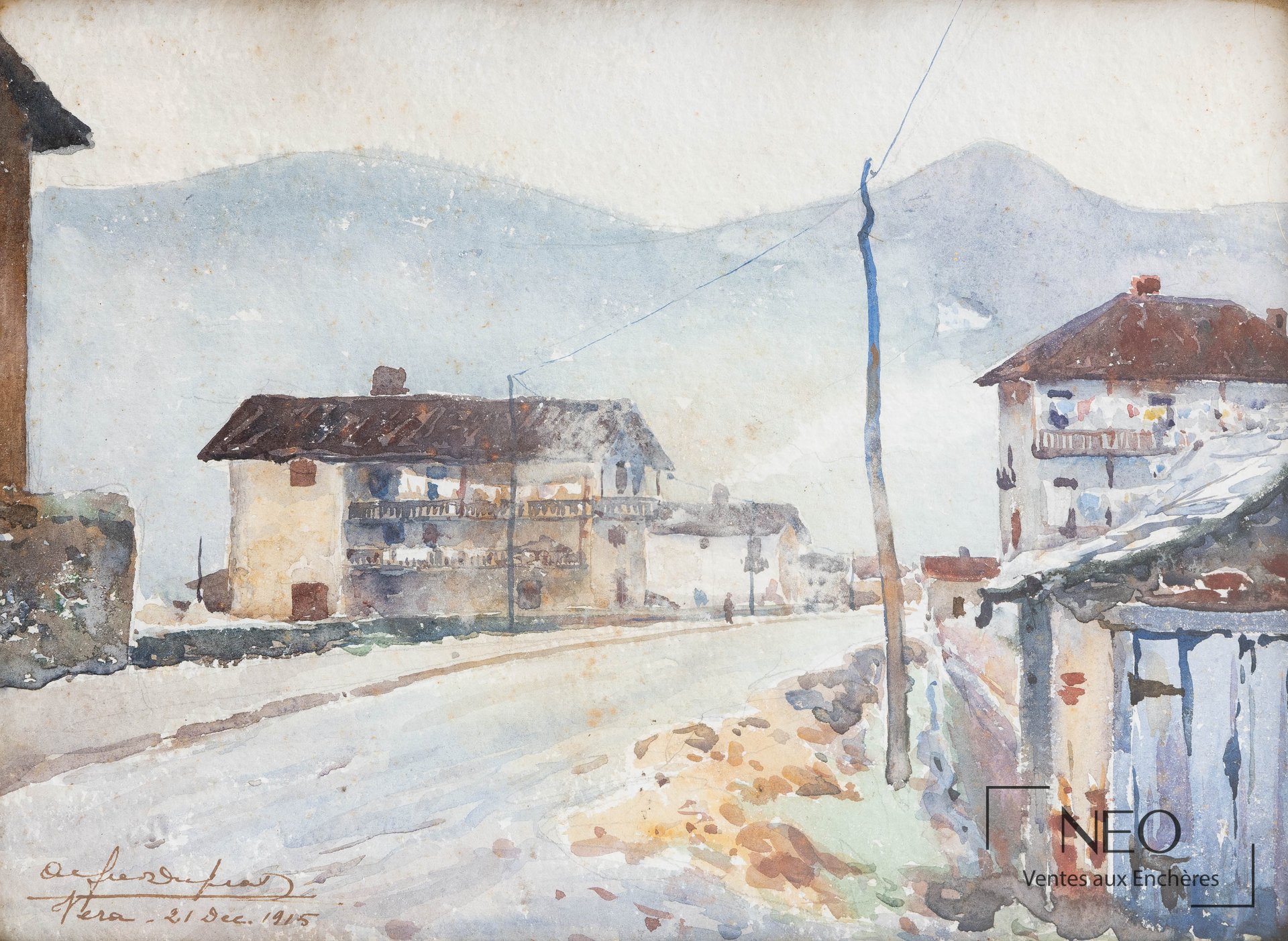 Vue de village de montagne à l’aquarelle ou gouache