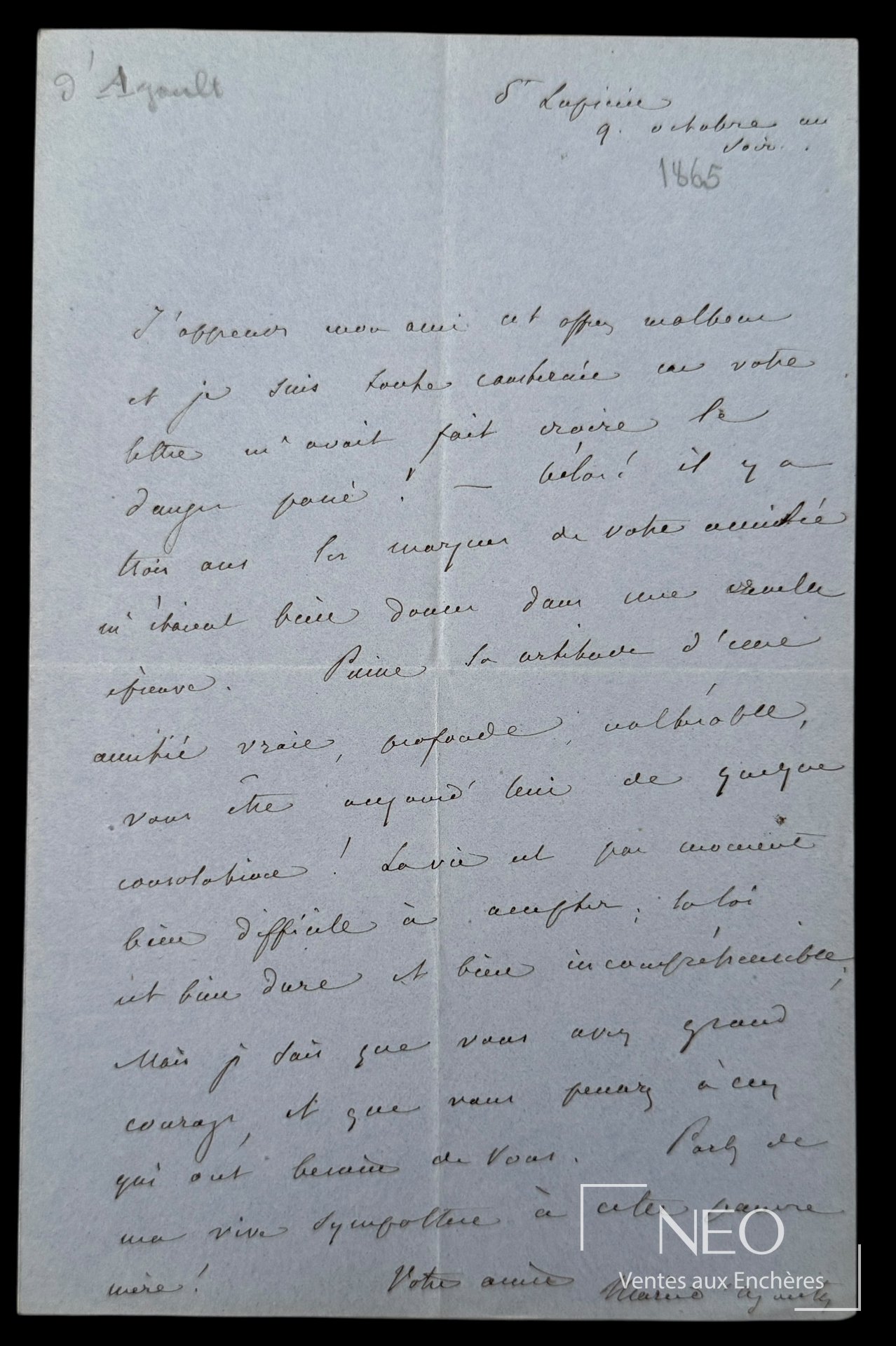 D’Agoult, lettre autographe signée datée de 1865