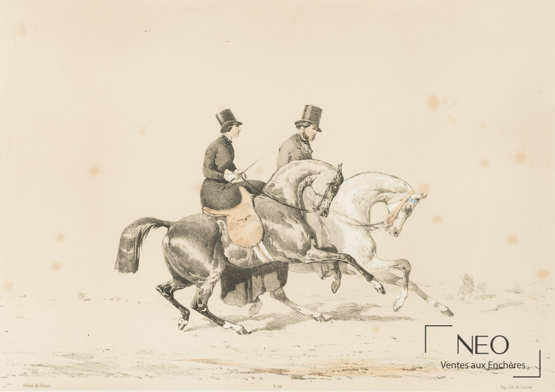 D&rsquo;après Alfred de Dreux, Couple en promenade, estampe en couleurs