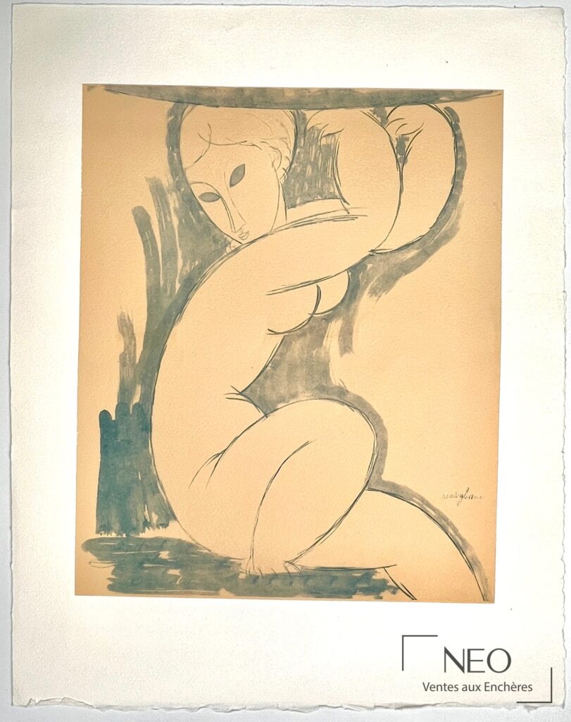 Lithographie en couleurs sur papier représentant une cariatide d'après Amedeo Modigliani