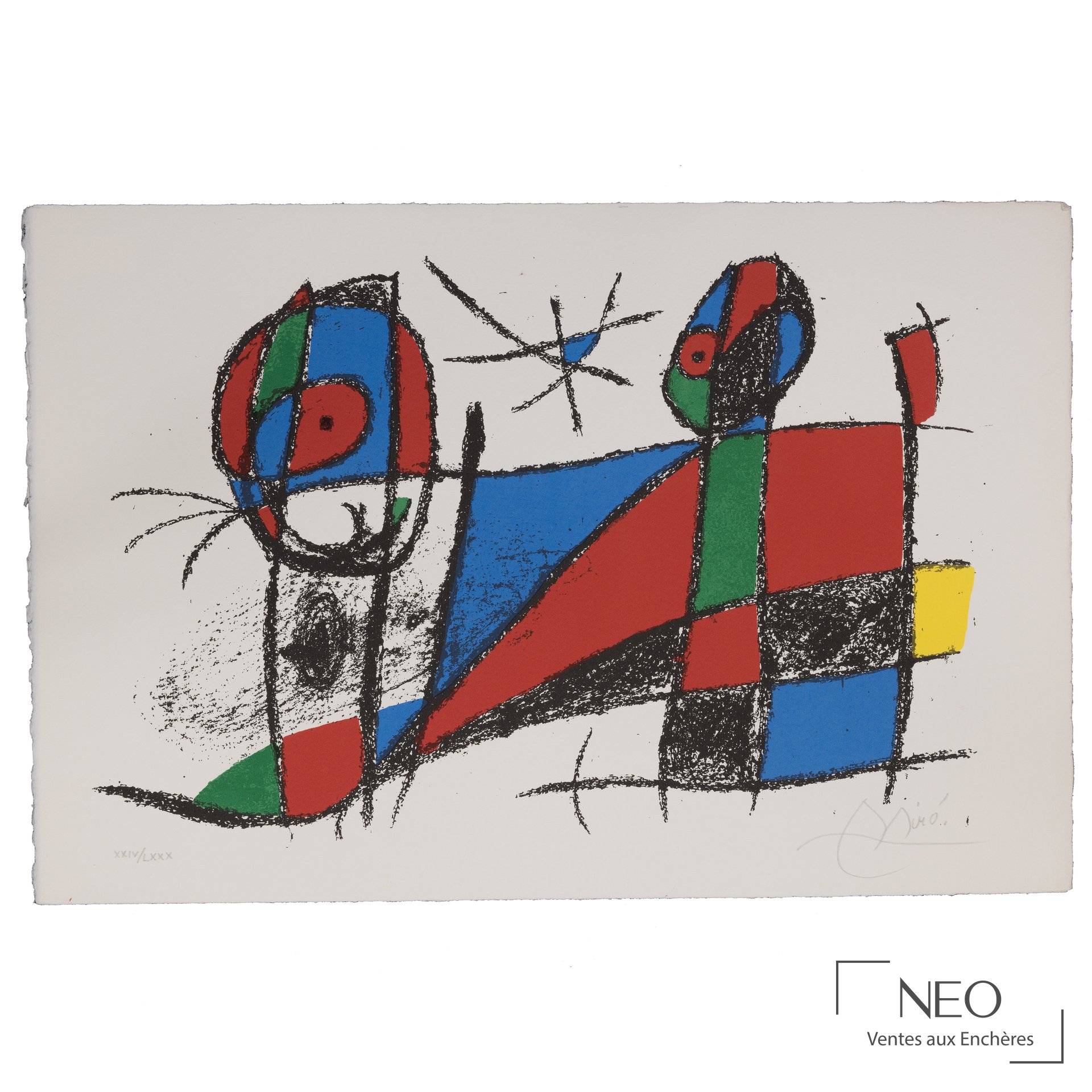 Lithographie abstraite en couleurs de Joan Miró avec formes géométriques rouges