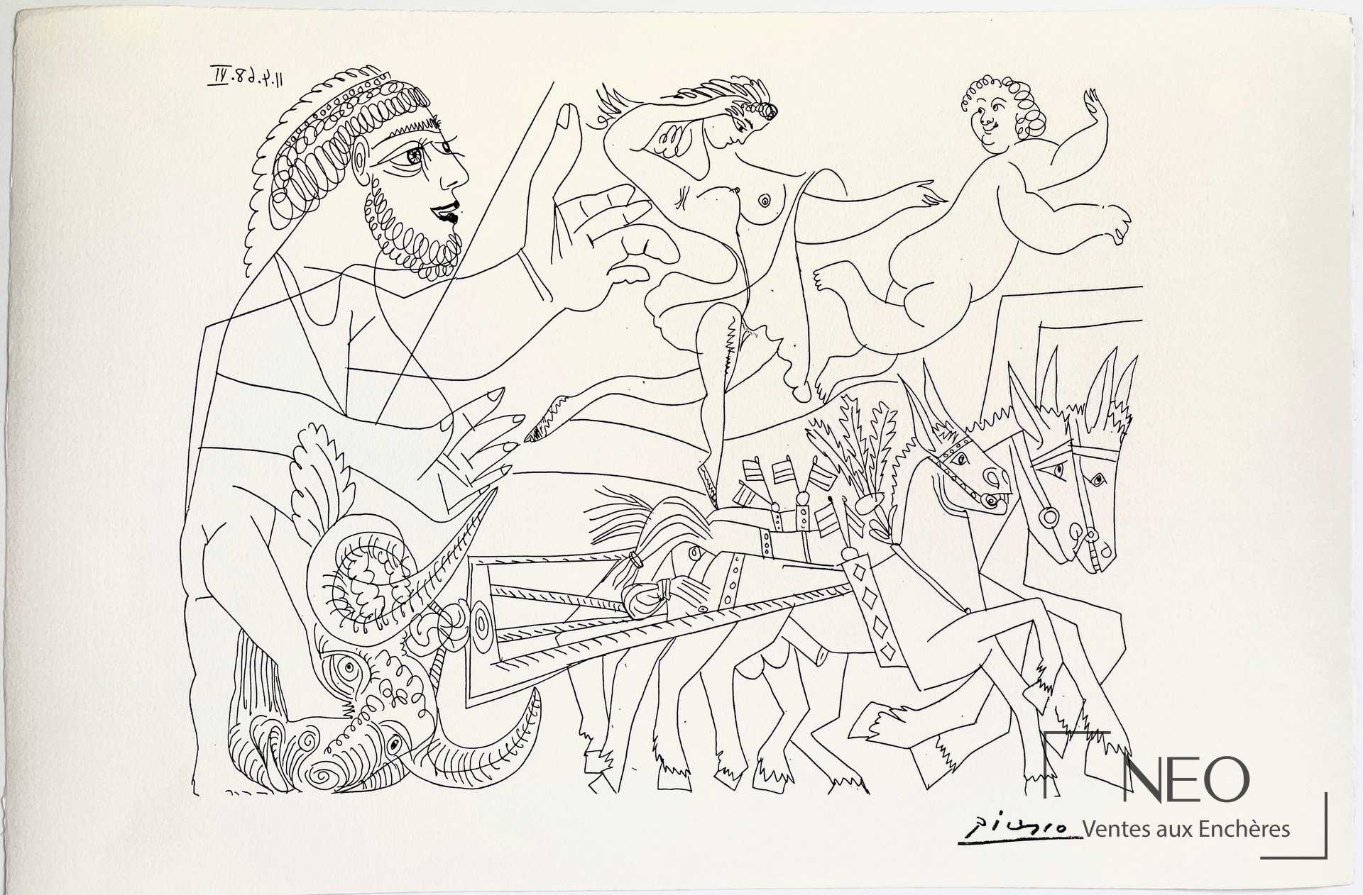 Lithographie de Picasso représentant une scène de composition avec figures et chevaux