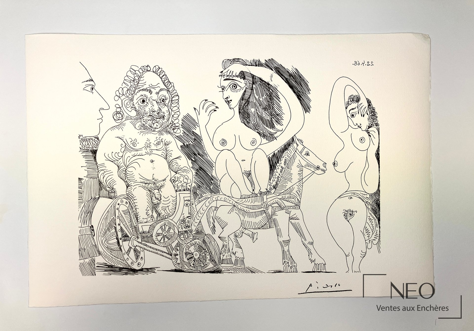 Lithographie de Picasso représentant plusieurs figures et un cheval sur fond blanc