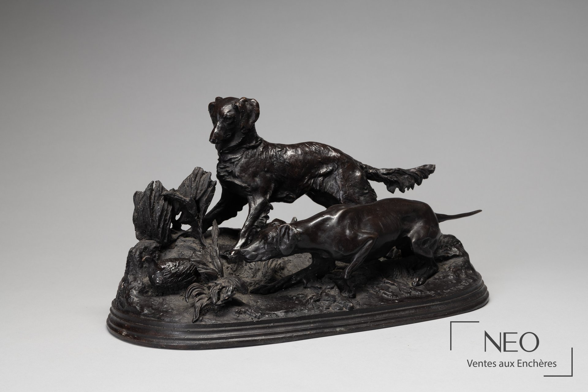 D’après Pierre-Jules Mène, Chasse à la perdrix, bronze à patine noire