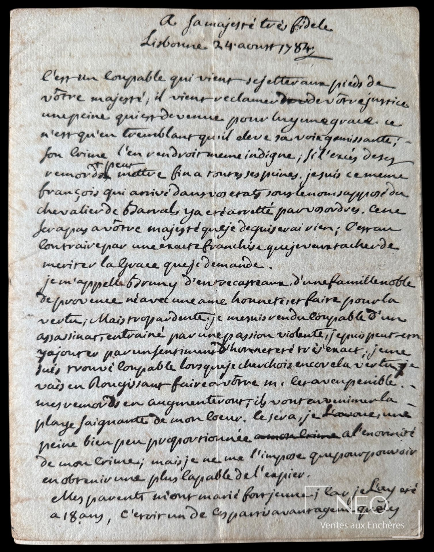 D’Entrecasteaux, lettre autographe signée à Sa Majesté très fidèle, Lisbonne 1784