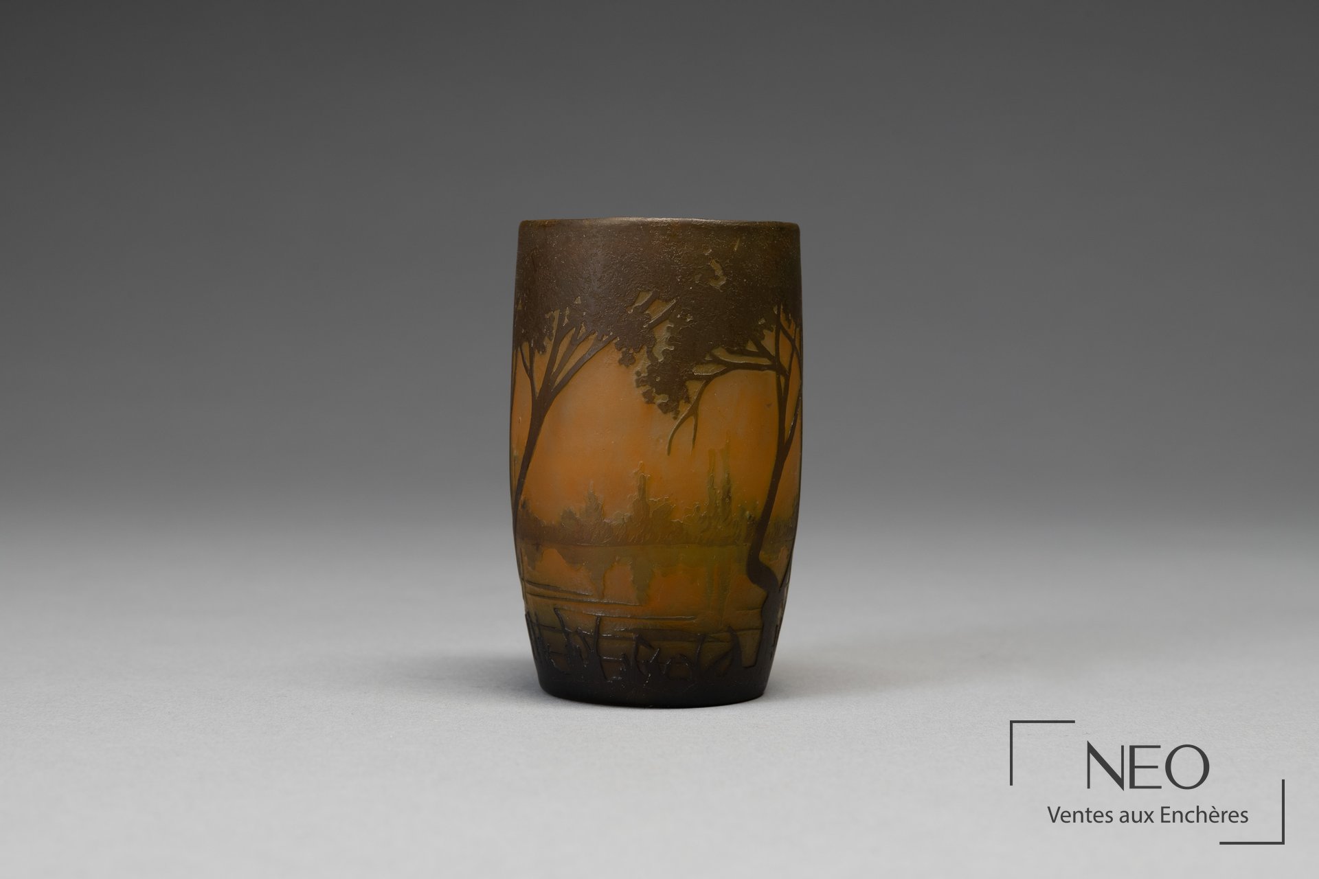 Vase Daum frères en verre multicouche à décor de paysage lacustre brun et vert